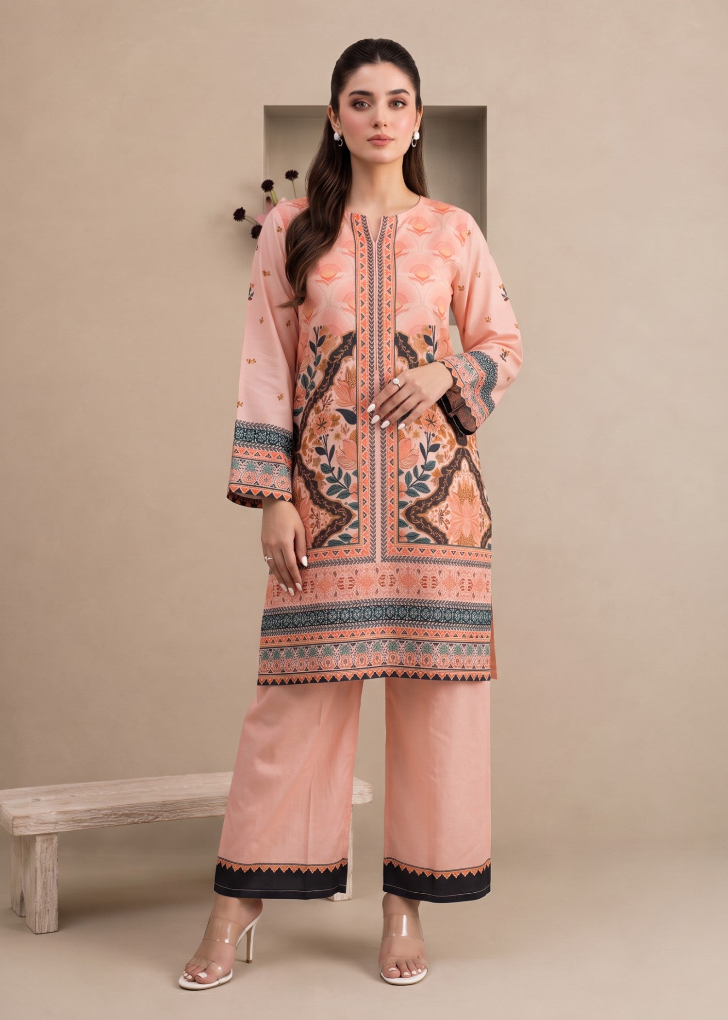 polyester crepe Kurta Set in Peach pink