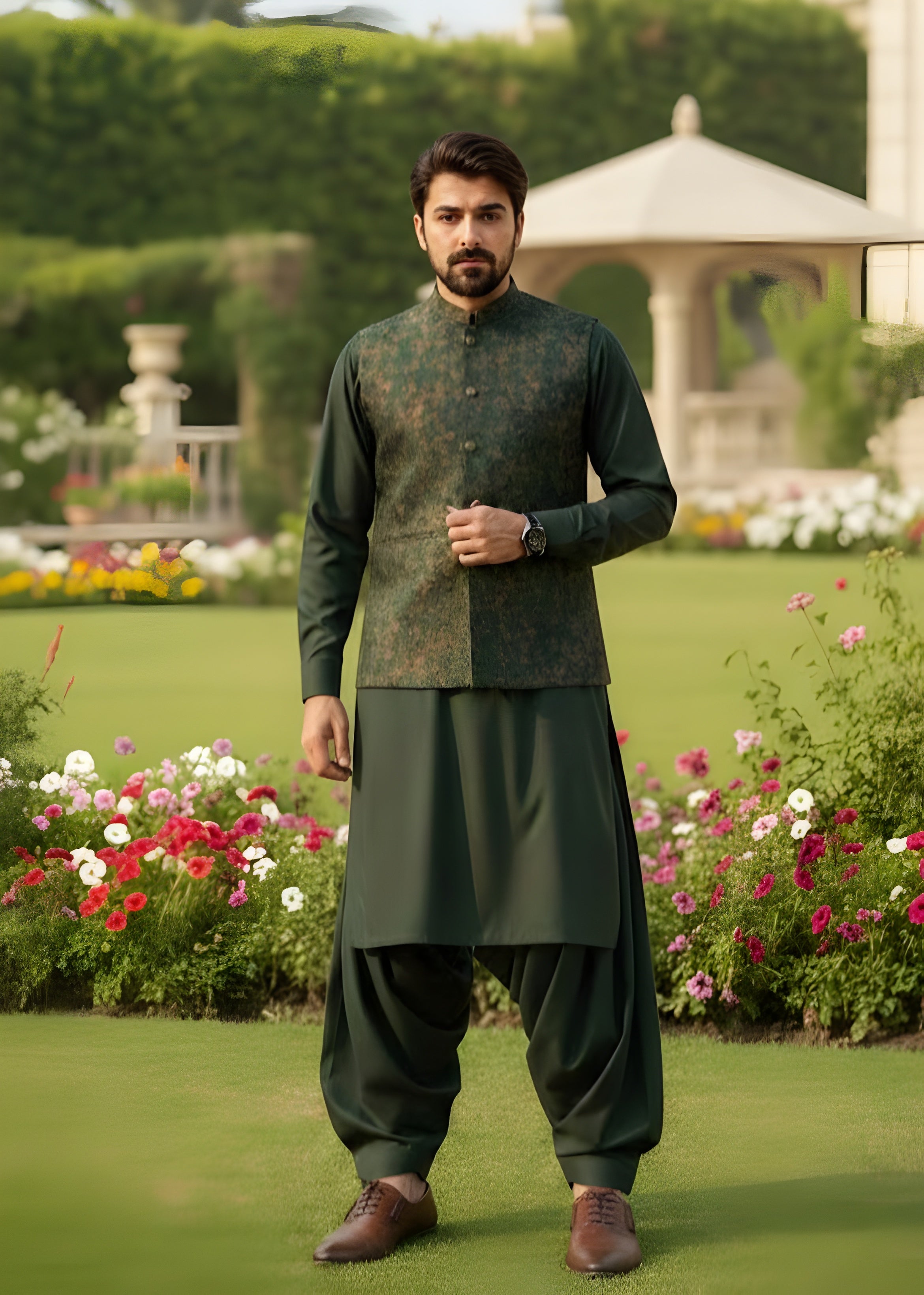 self jacquard Waistcoat in Green by The Great Masters (TGM)