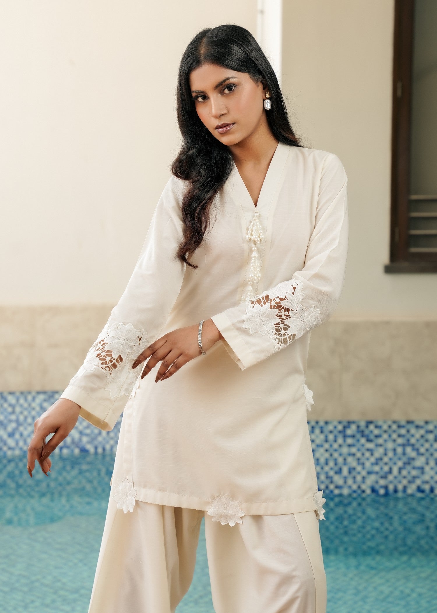 korean raw silk Kurta Set in Cream