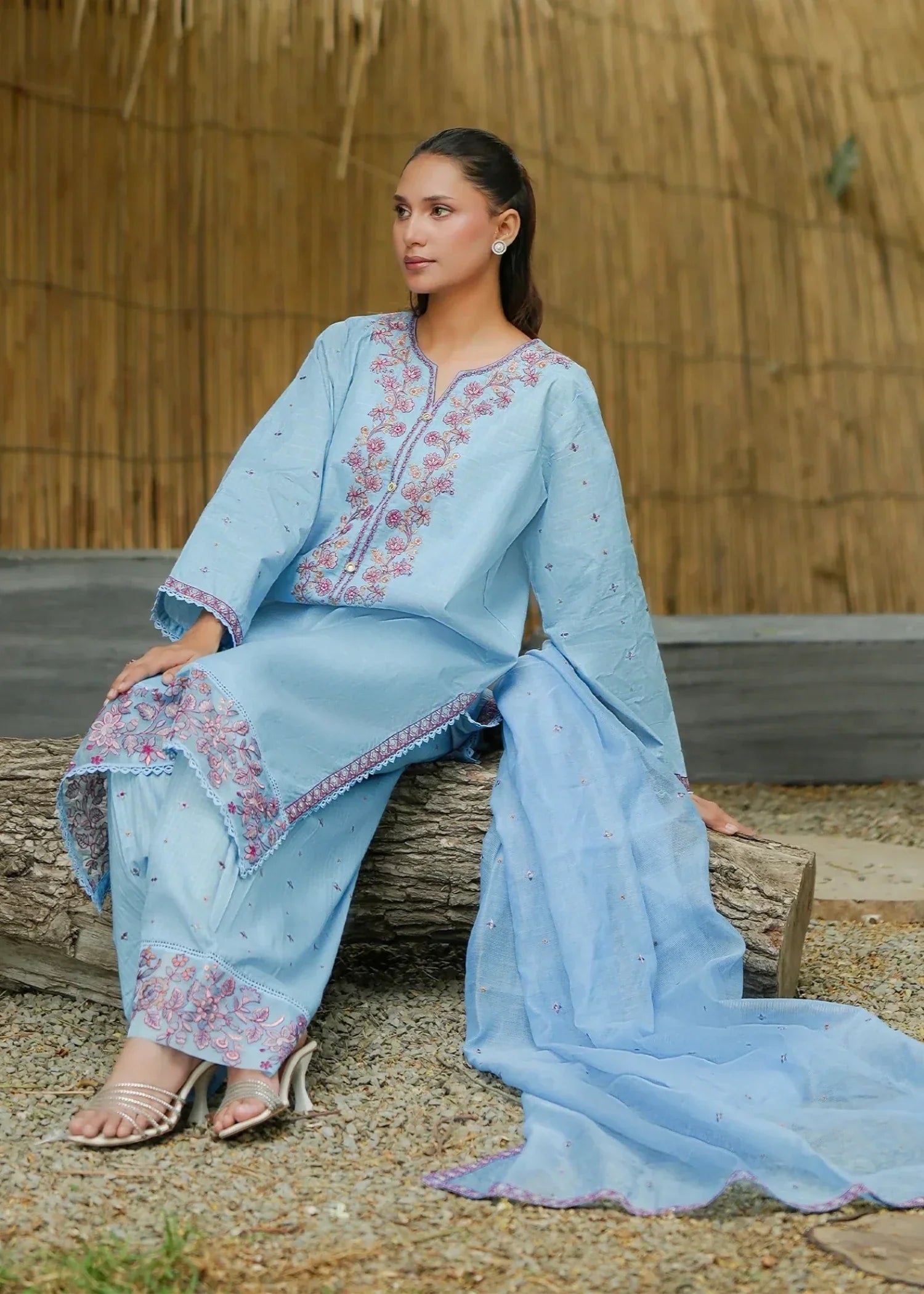textured lawn Kurta Set in Powder blue