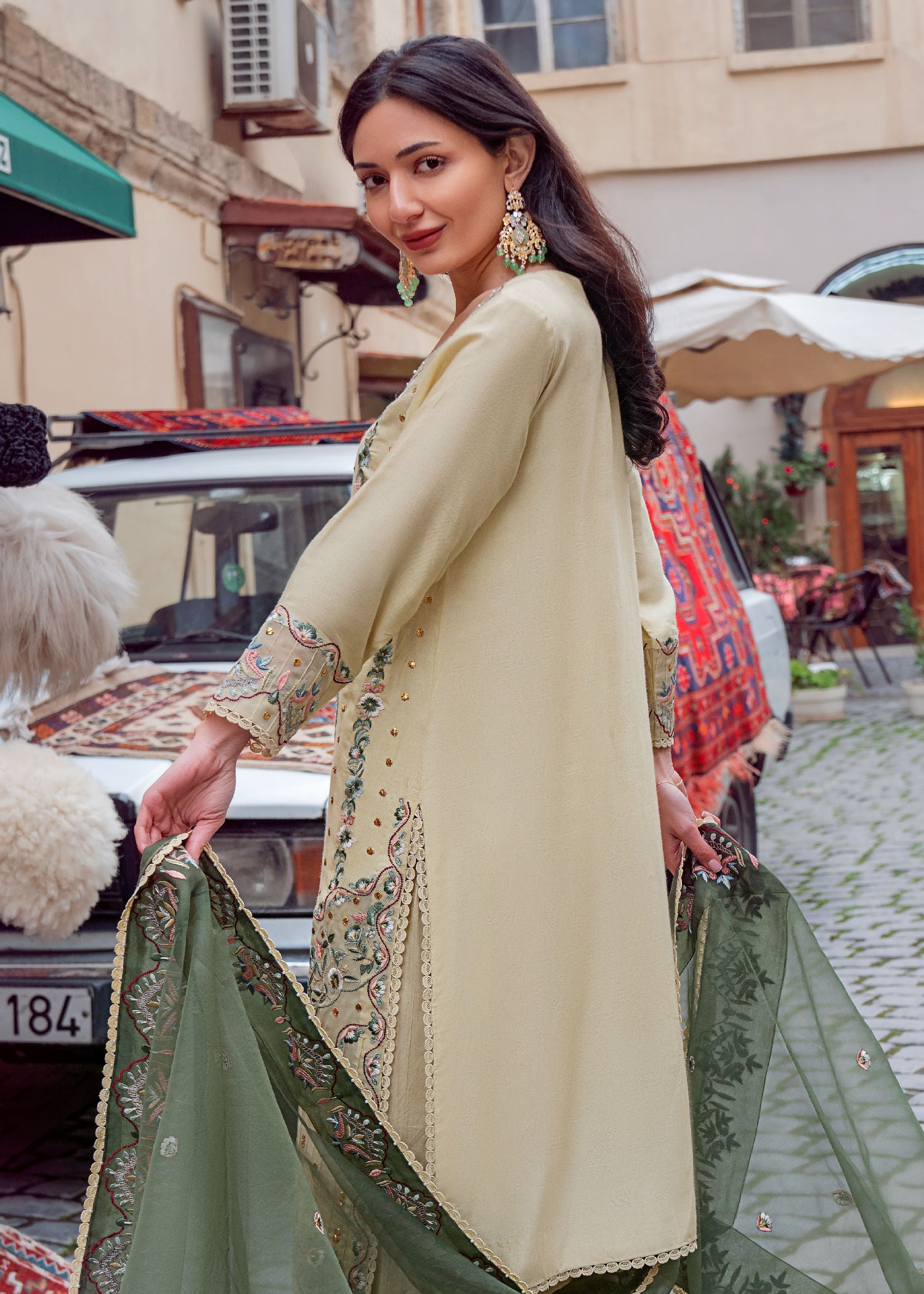 silk cotton net Kurta Set in Key lime