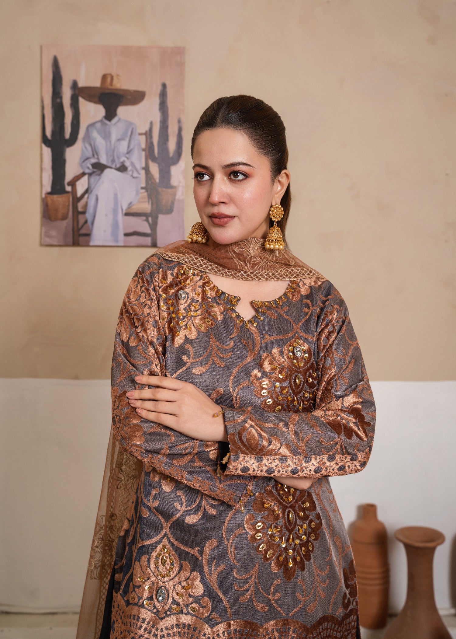 chinese micro velvet 3000 Kurta Set in Hazelwood brown