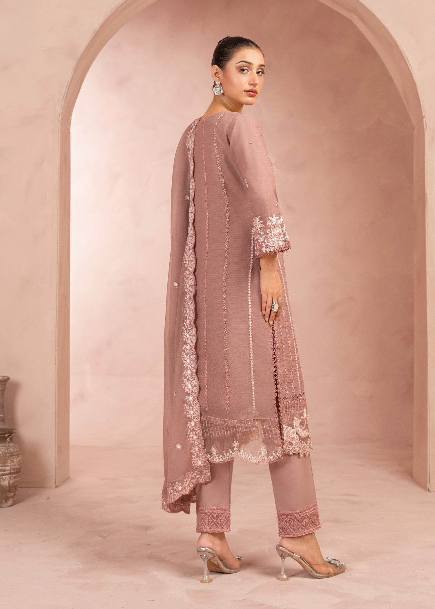 chiffon Kurta Set in Indian pink