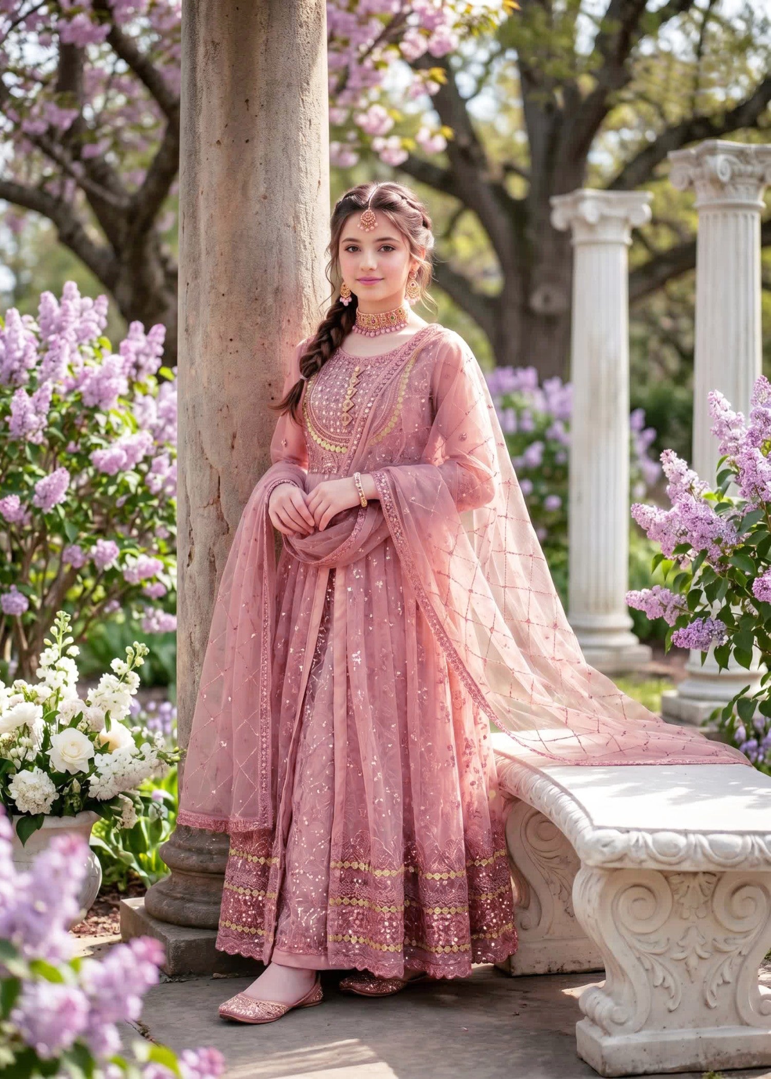 net Pishwas in Tea rose pink