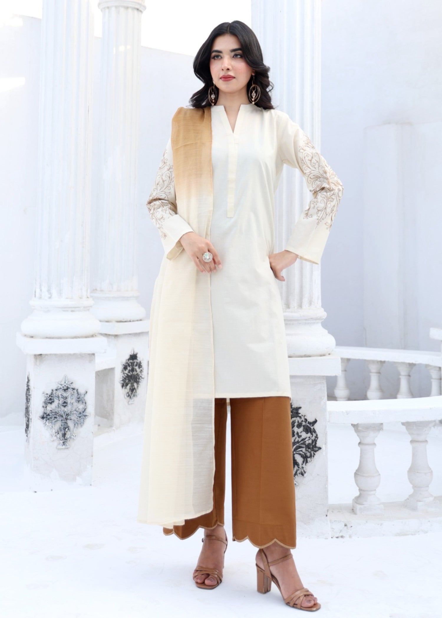cotton Kurta Set in Off-white, caramel brown