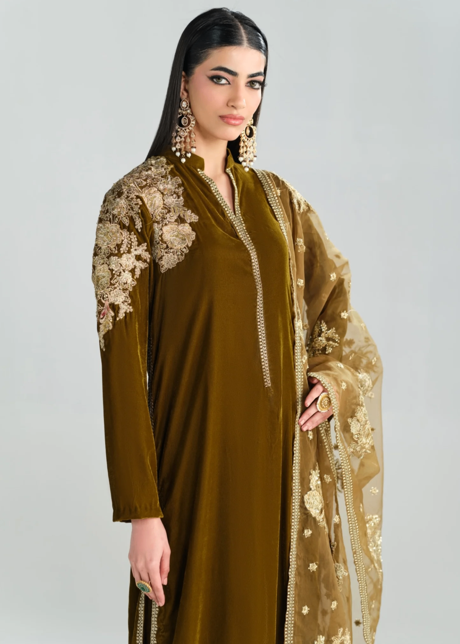 velvet Kurta Set in Olive green