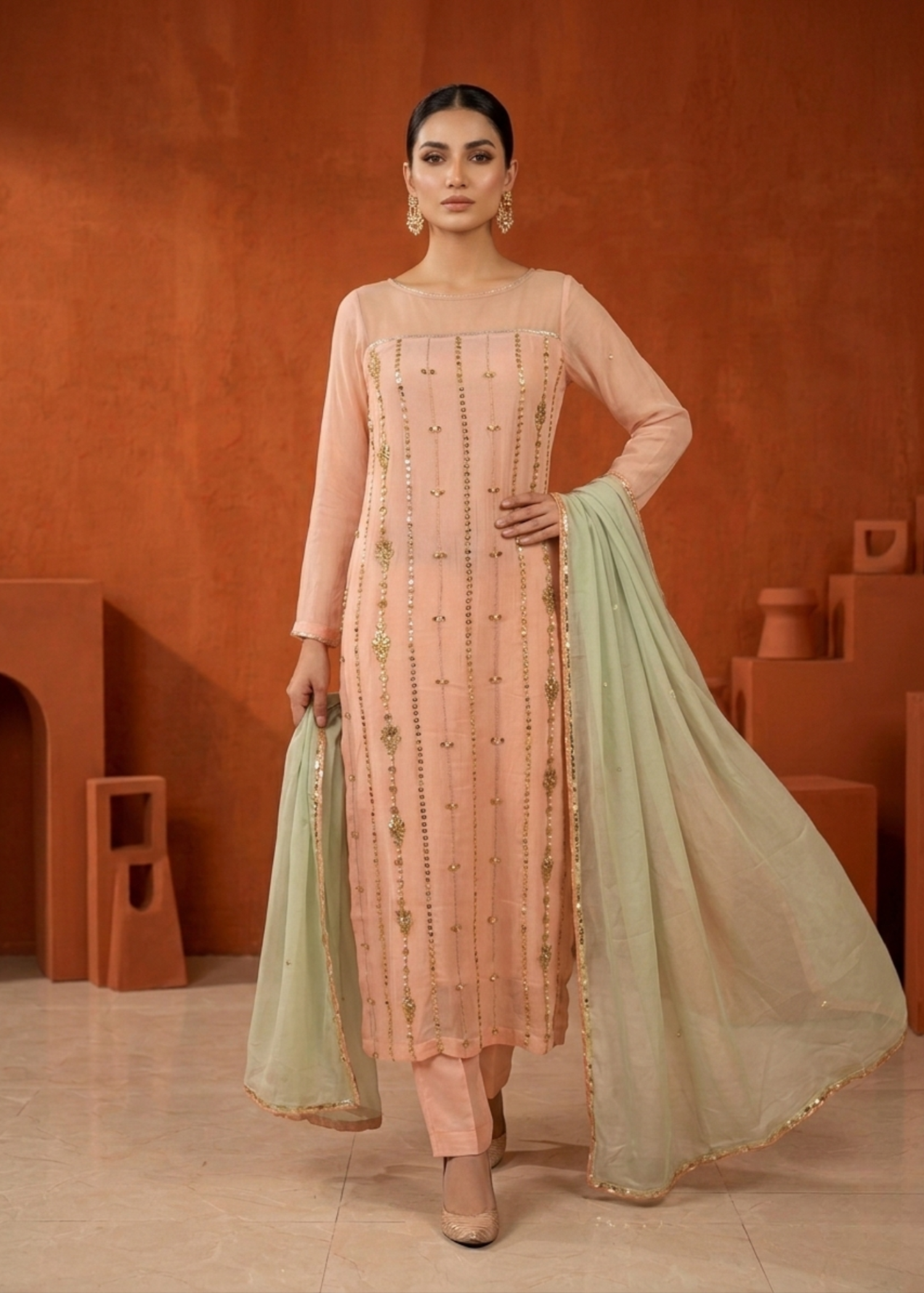 chiffon Kurta Set in Peach pink, pastel green