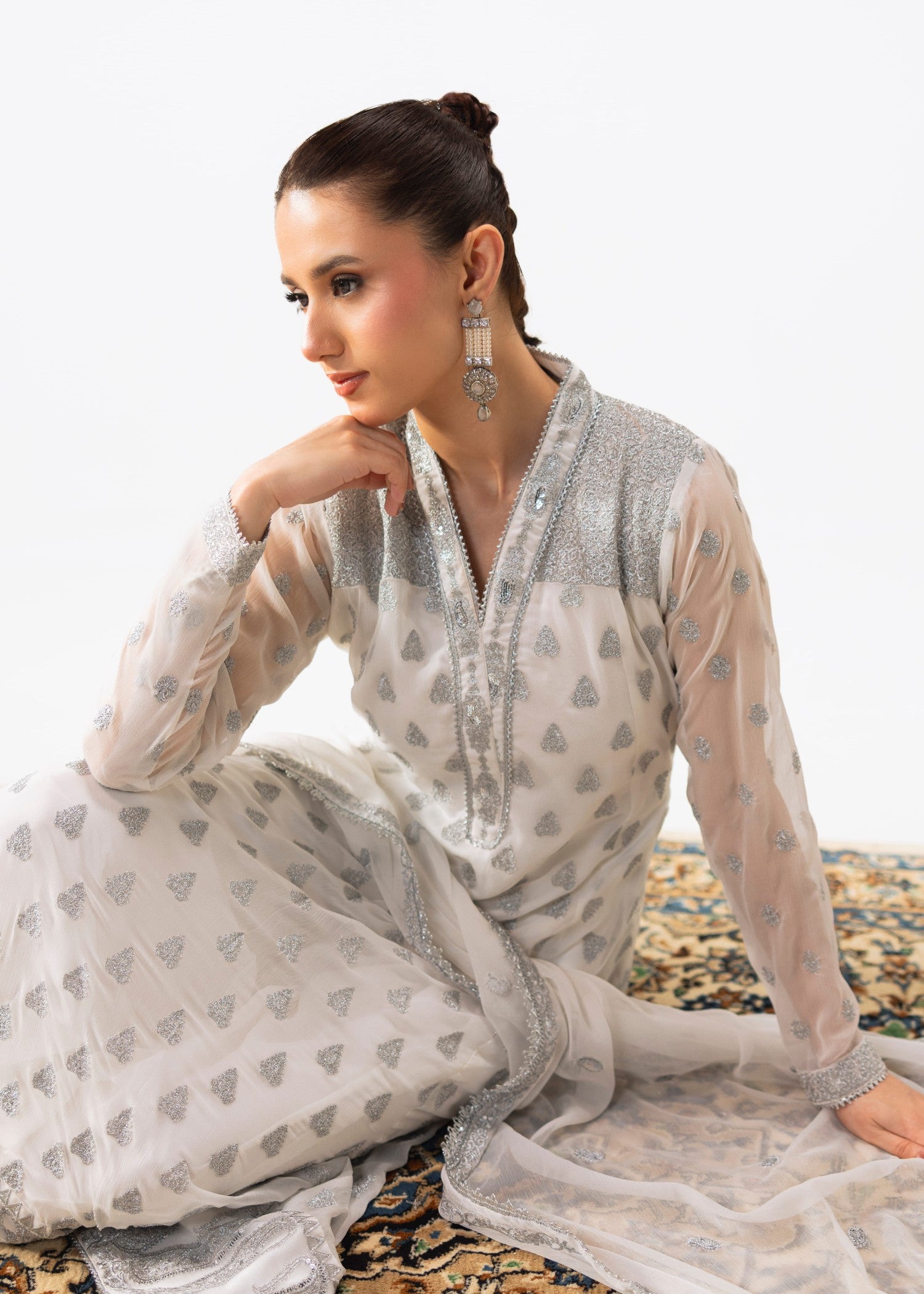 chiffon silk Pishwas in White