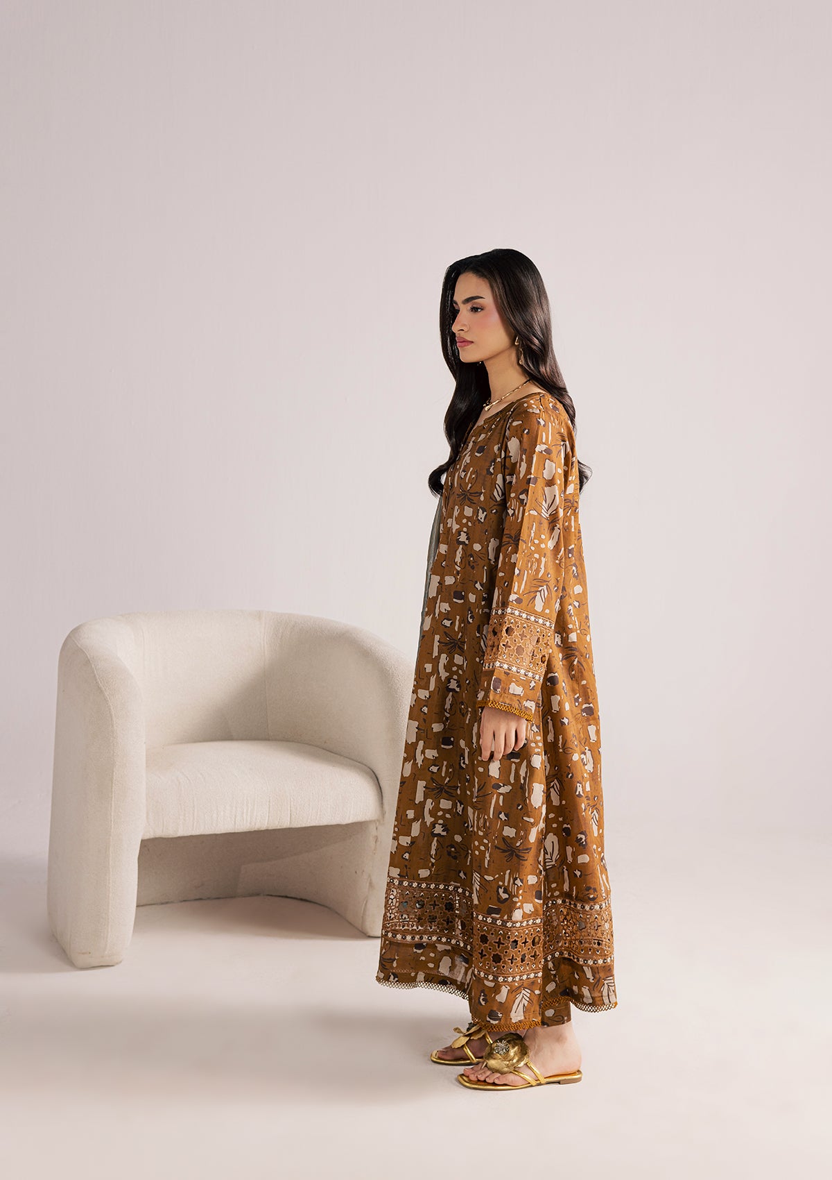 lawn Kurta Set in Caramel brown