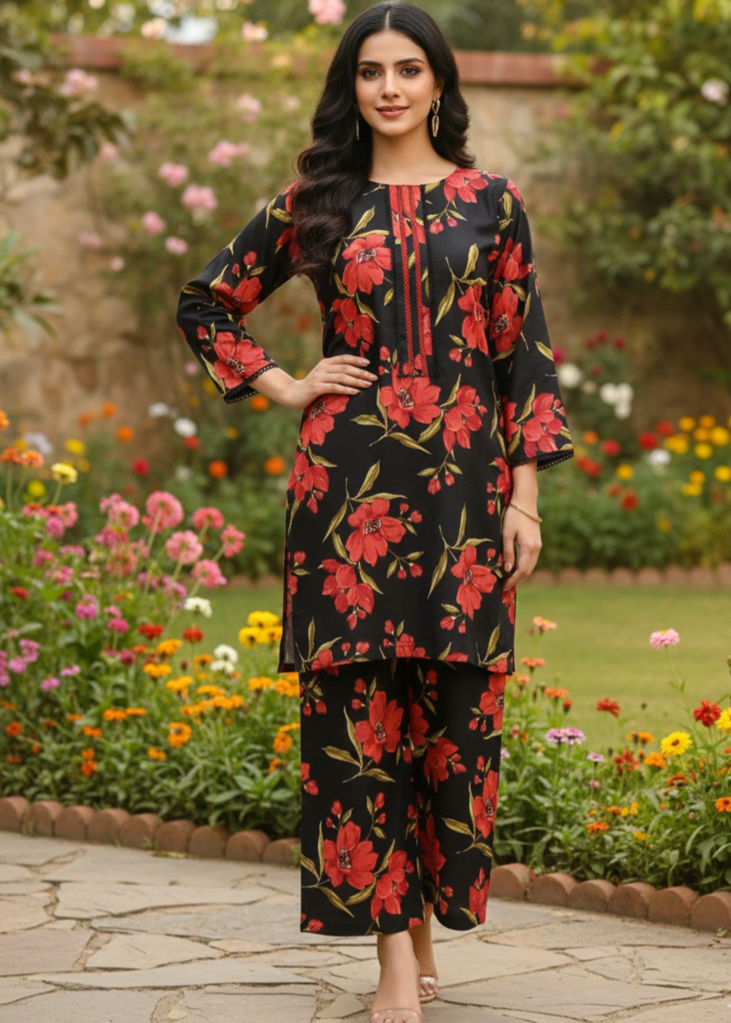 polyester crepe Co Ord Sets in Black, red
