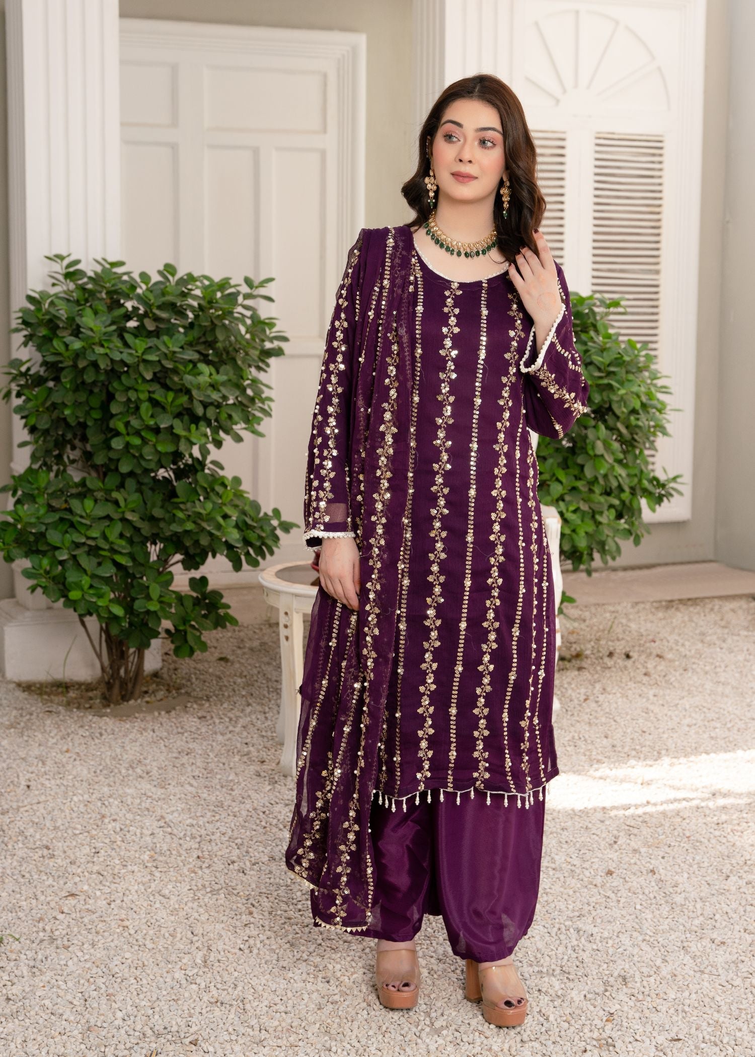 crinkle Kurta Set in Plum