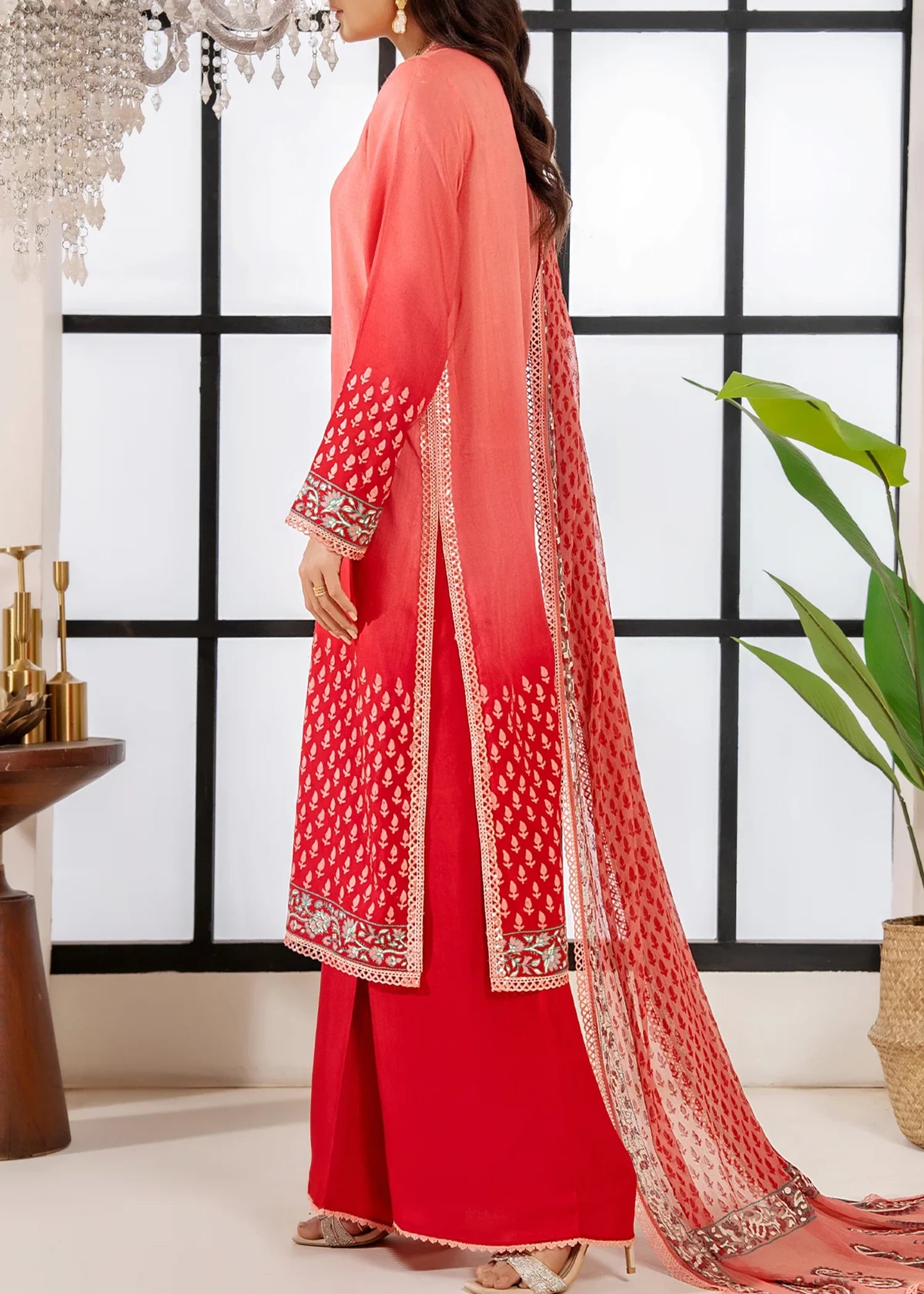 raw silk Unstitched in Coral pink