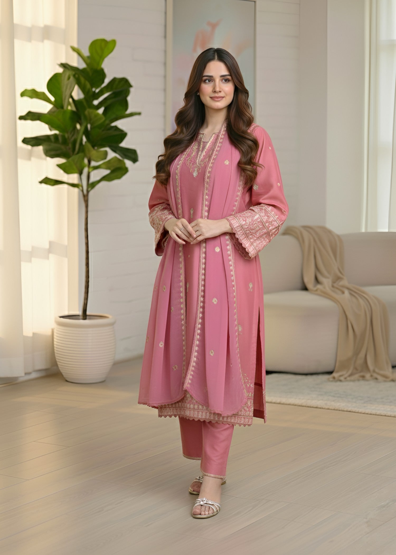 cambric Kurta Set in Salmon pink