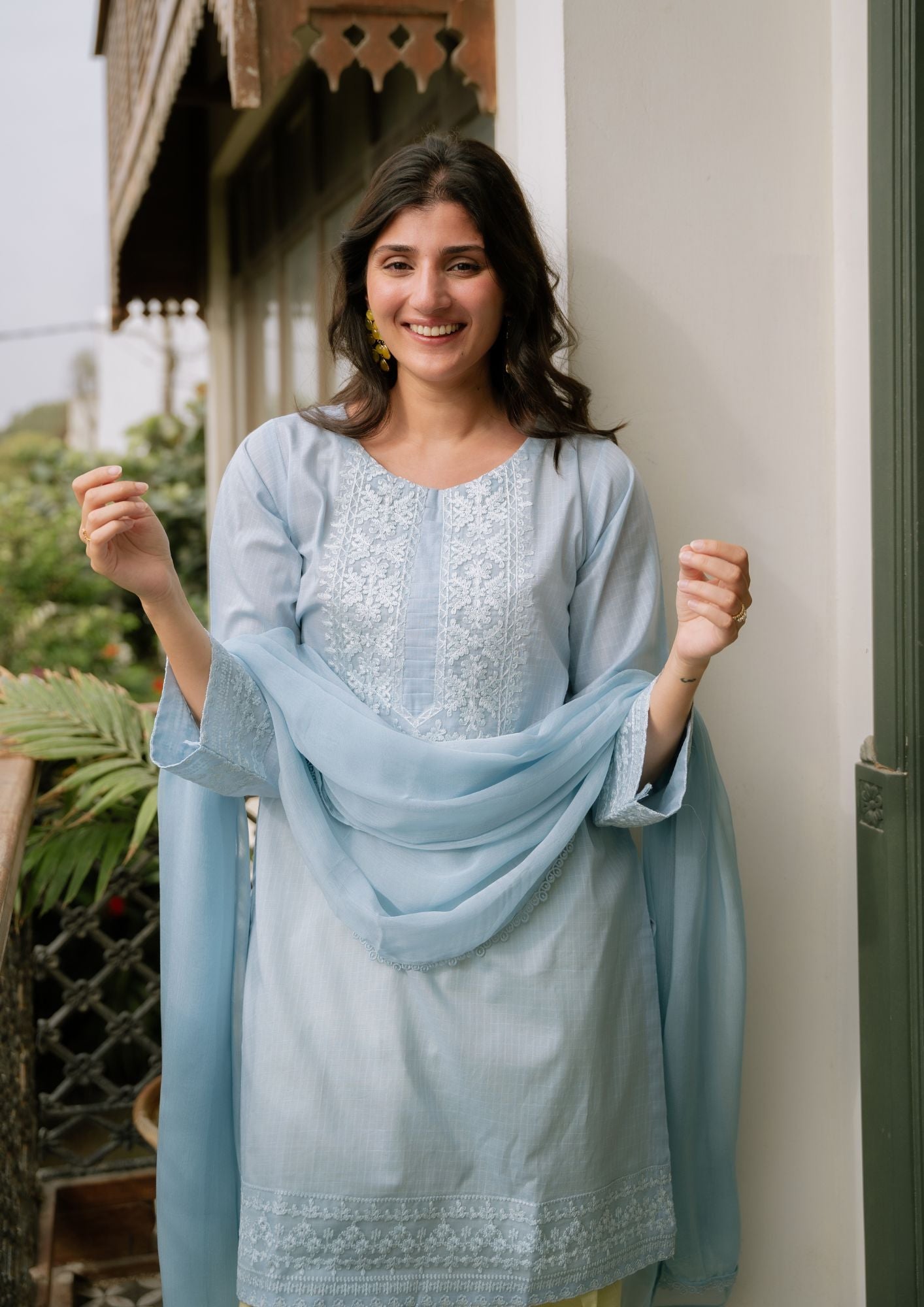 lawn Kurta Set in Ice blue, lemon chiffon