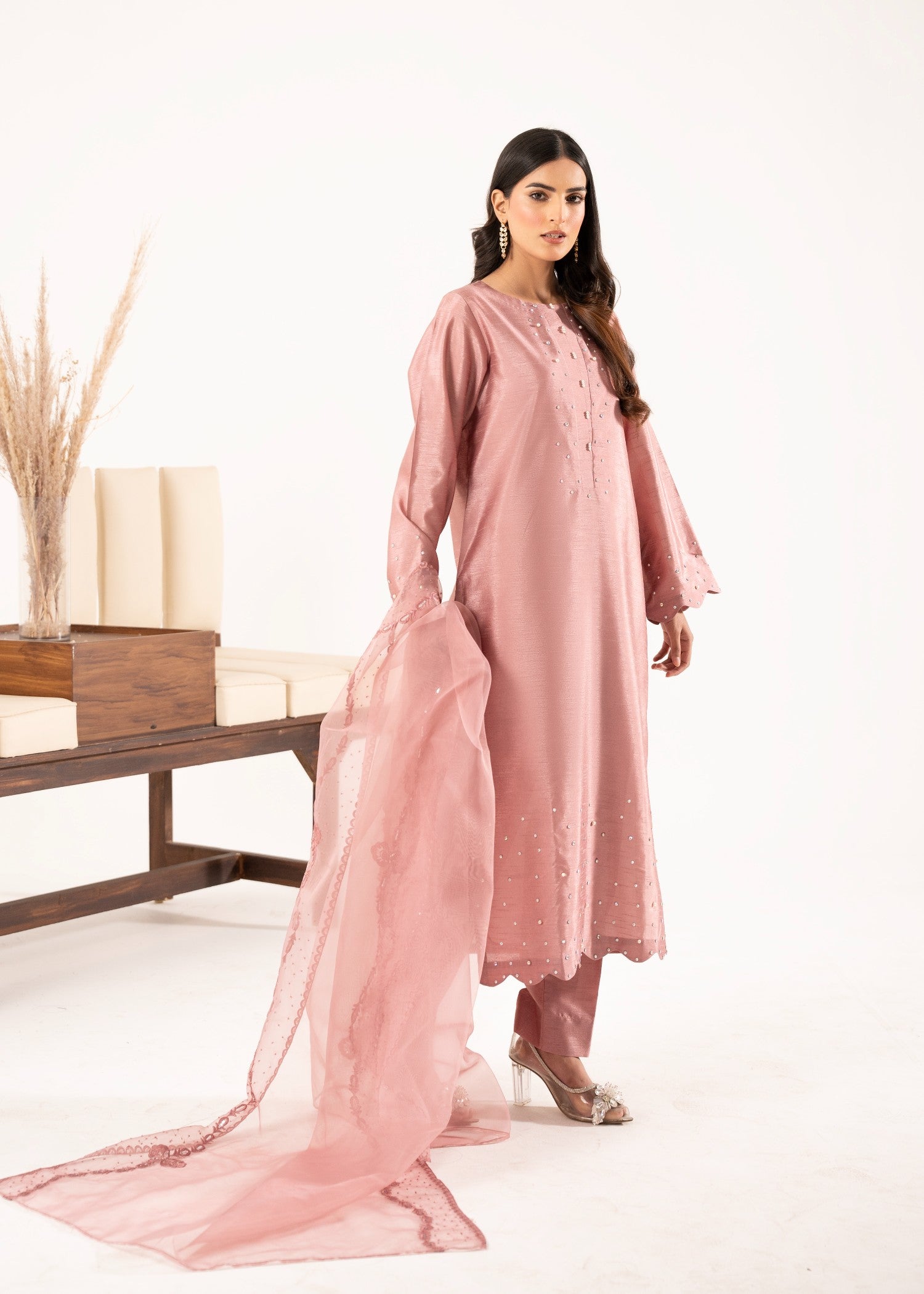 pk raw silk Kurta Set in Tea rose pink