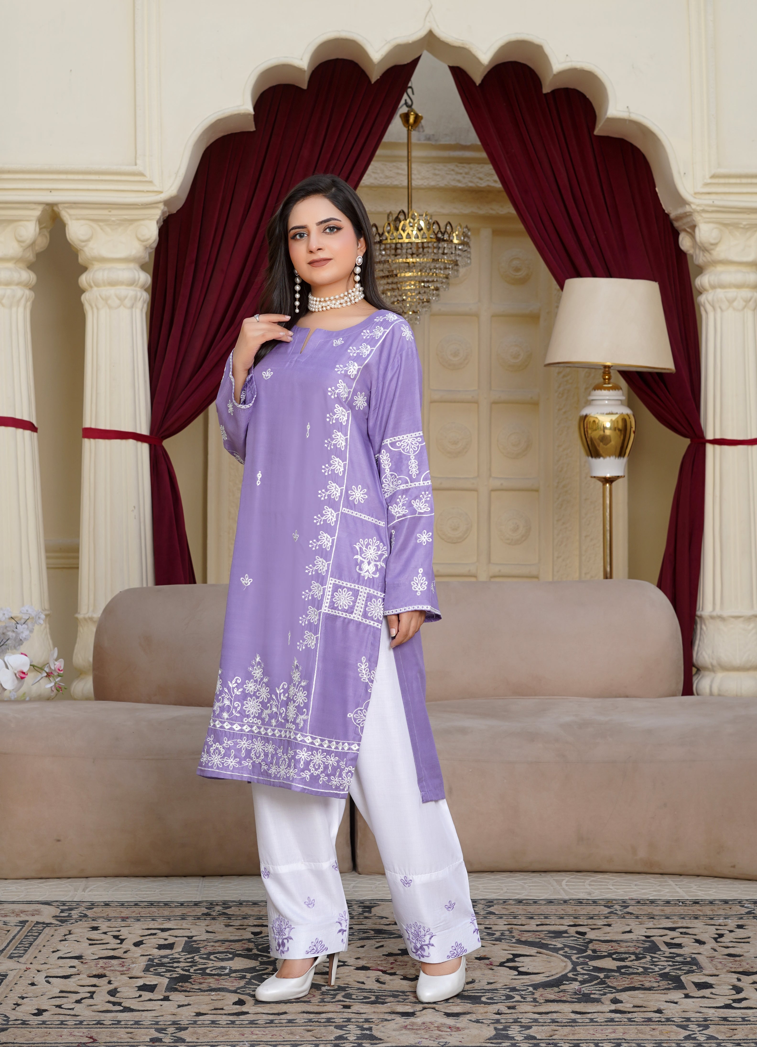 arabic lawn Kurta Set in Lilac