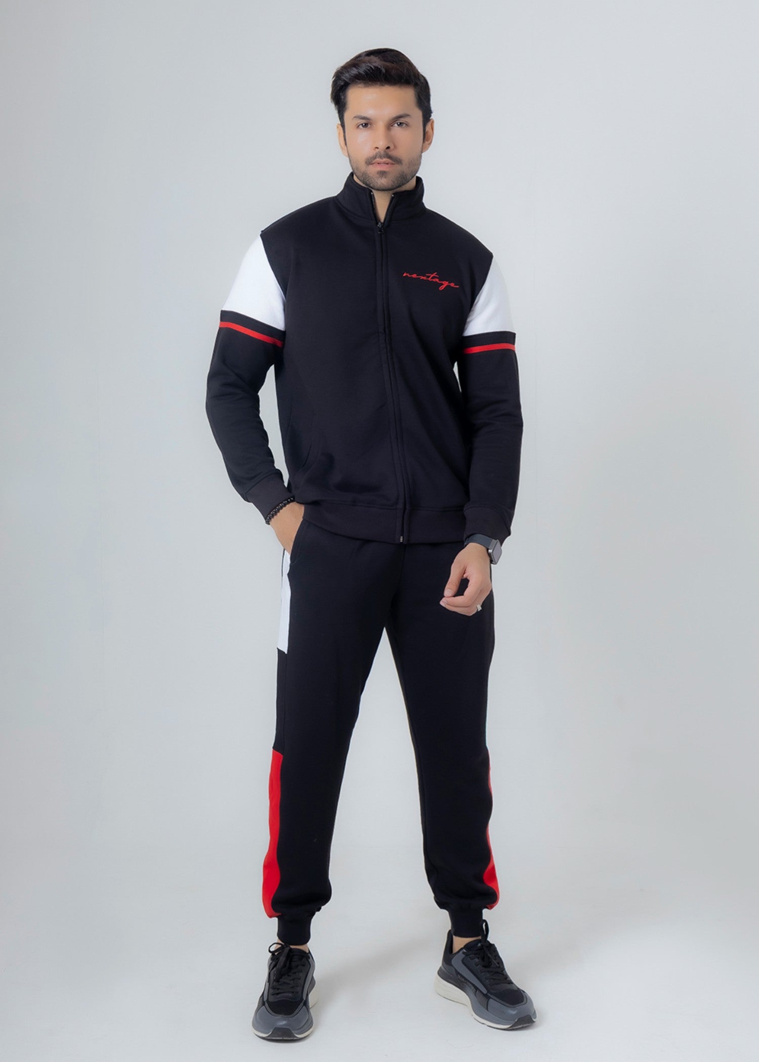 fleece Tracksuit in Black, red, white