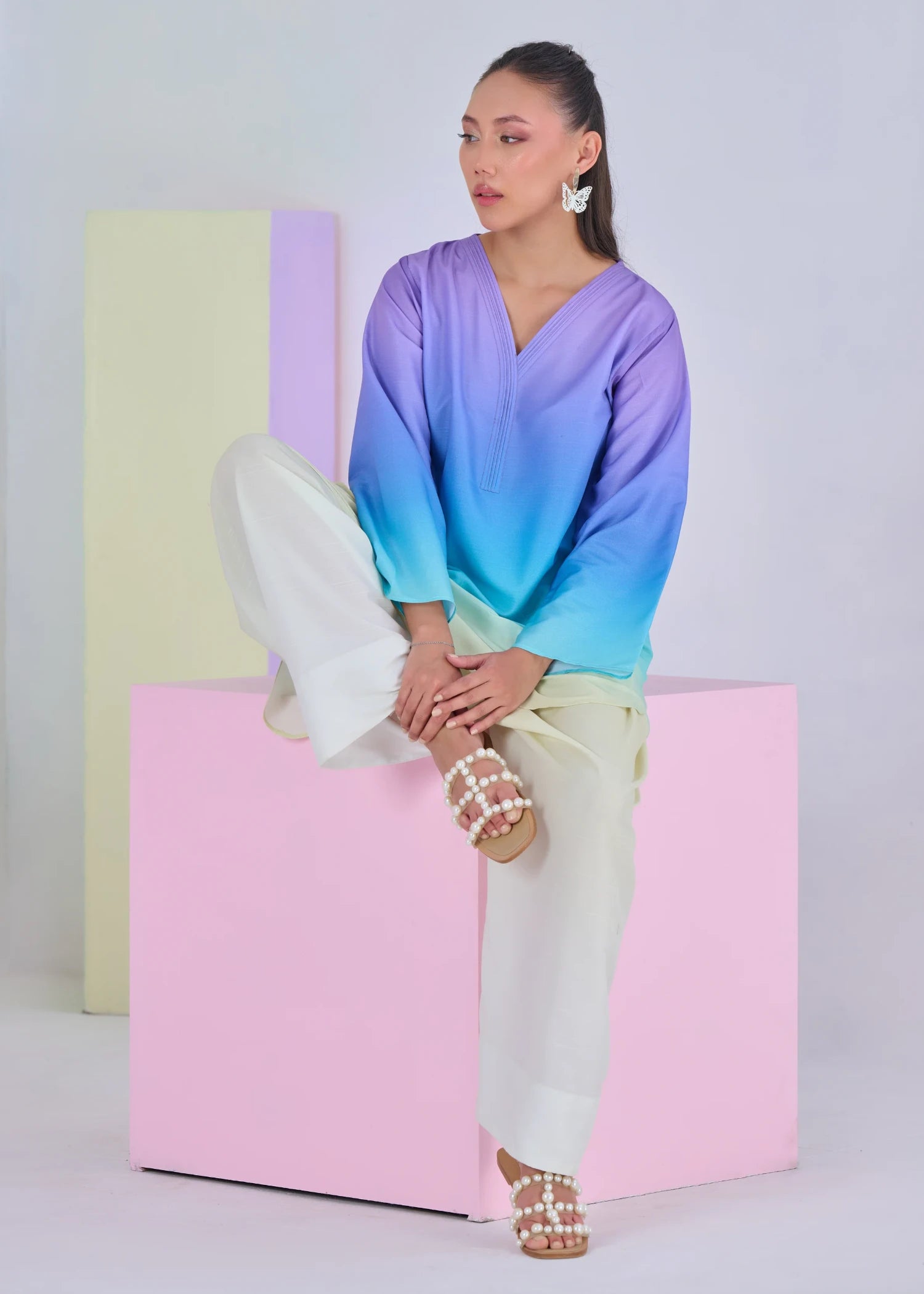 raw silk Kurta Set in Blue, white
