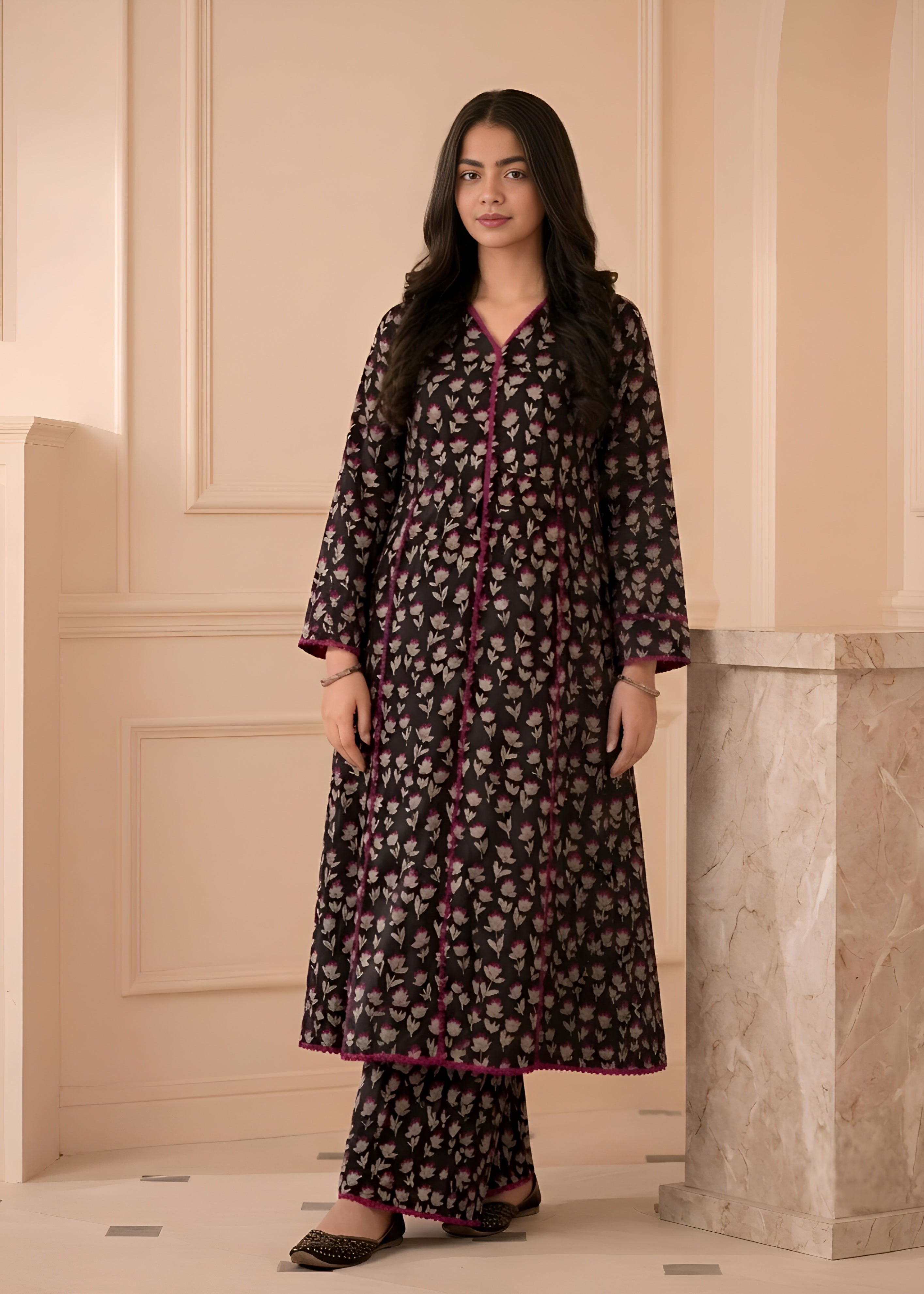 polycotton Pishwas in Off-white, black, taffy pink