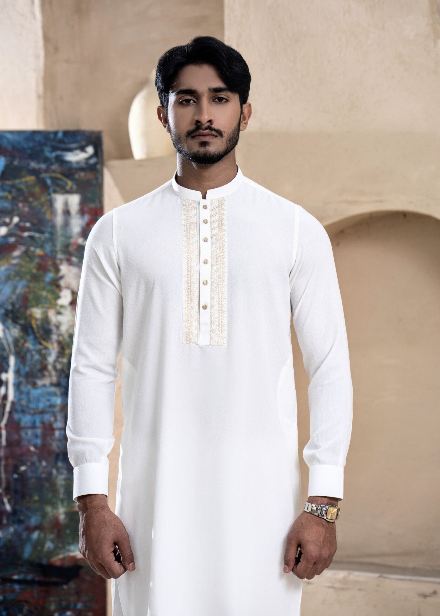 viscose raw silk Kurta Set in Beige, ivory