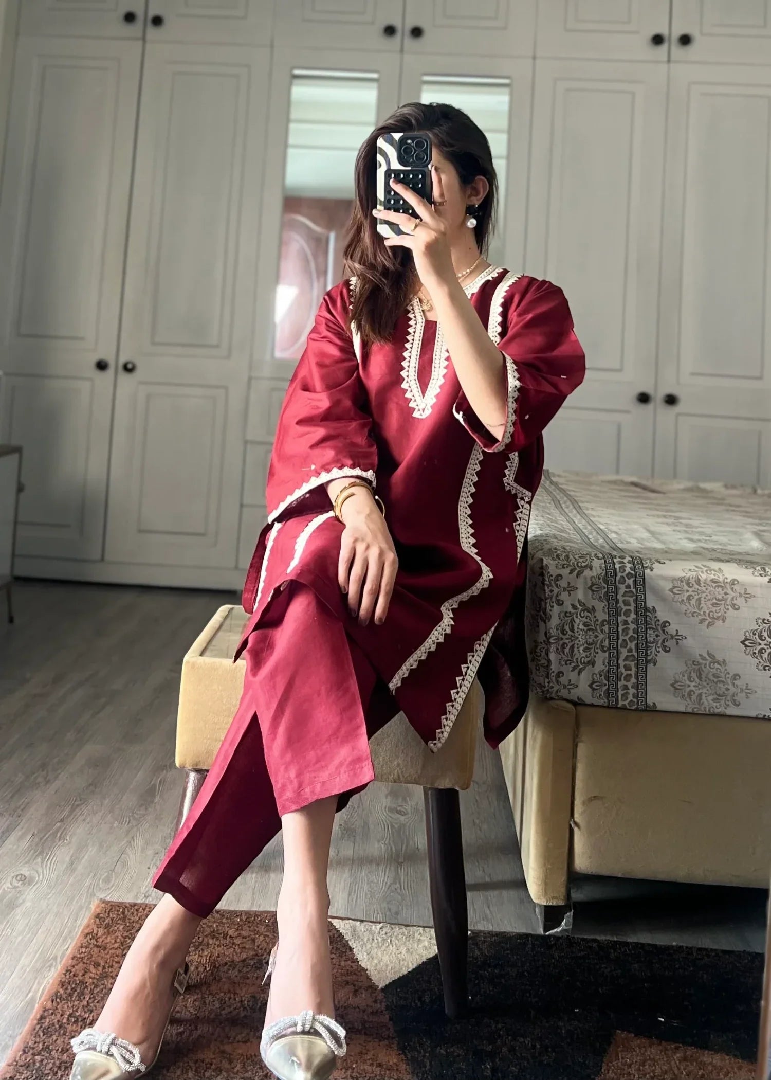 cotton linen Kurta Set in Blood red