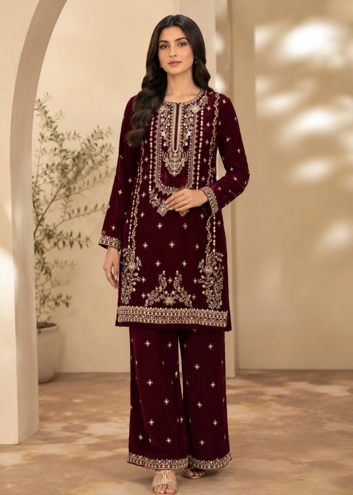 chinese micro velvet 9000 Kurta Set in Maroon