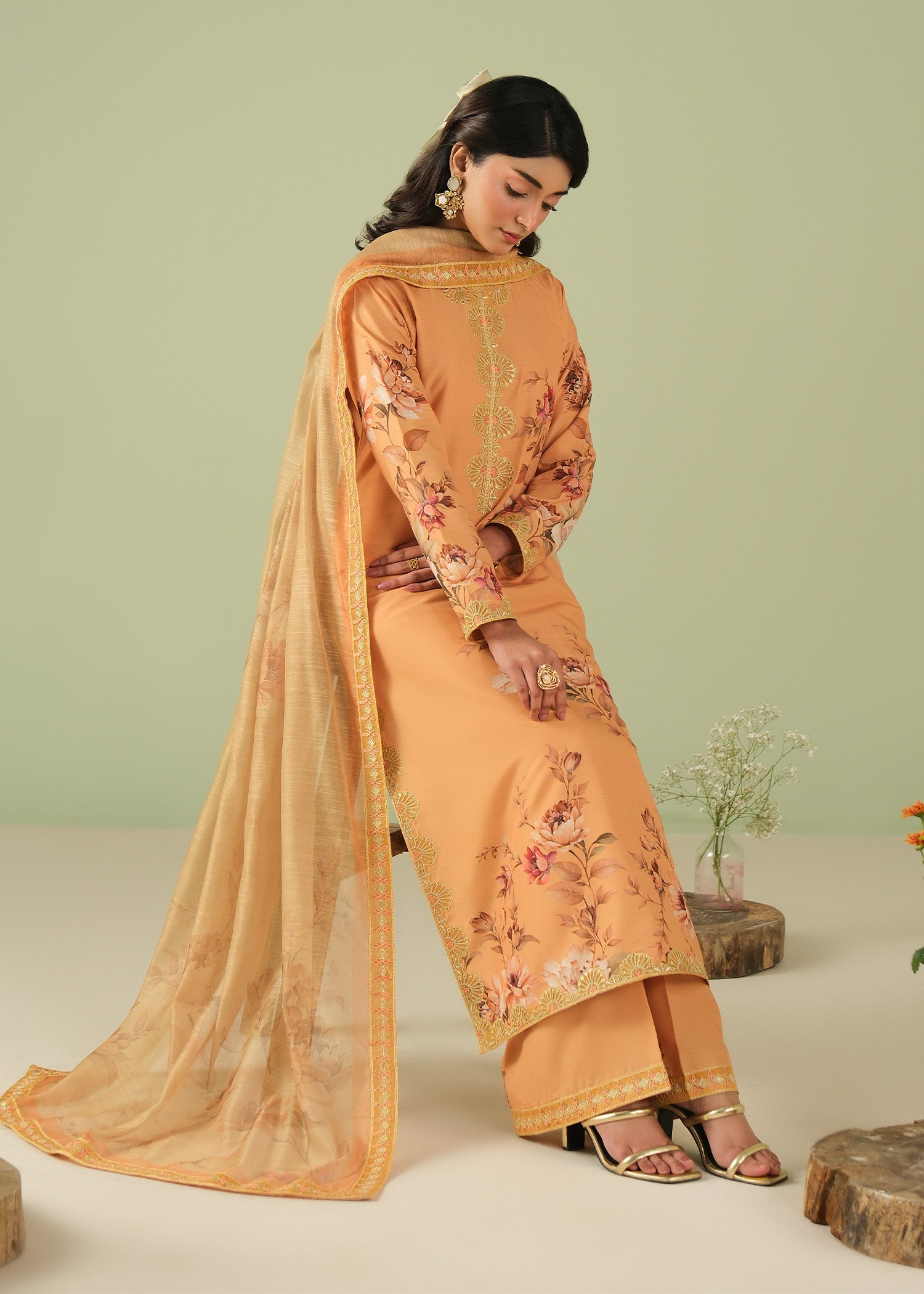 raw silk Kurta Set in Yellow-orange