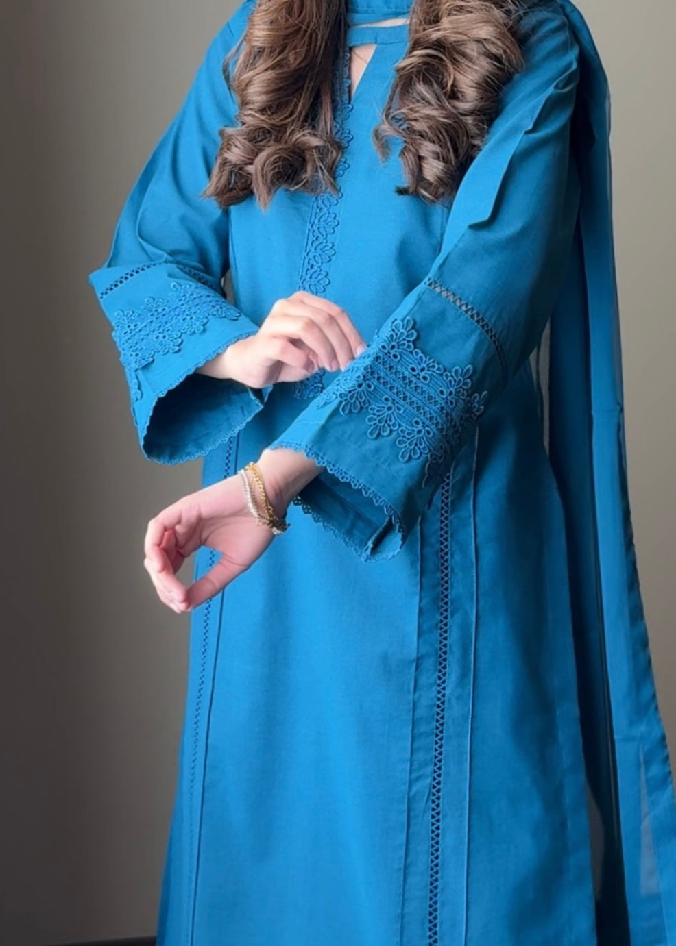 slub cambric Kurta Set in Blue