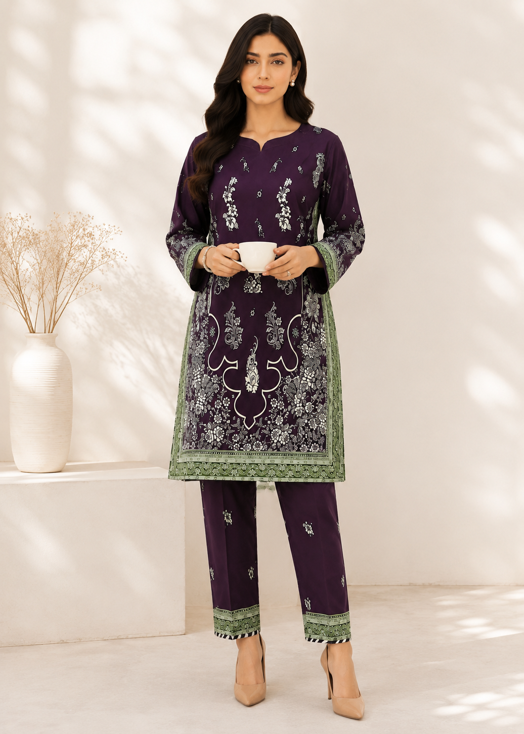 herringbone Kurta Set in Plum