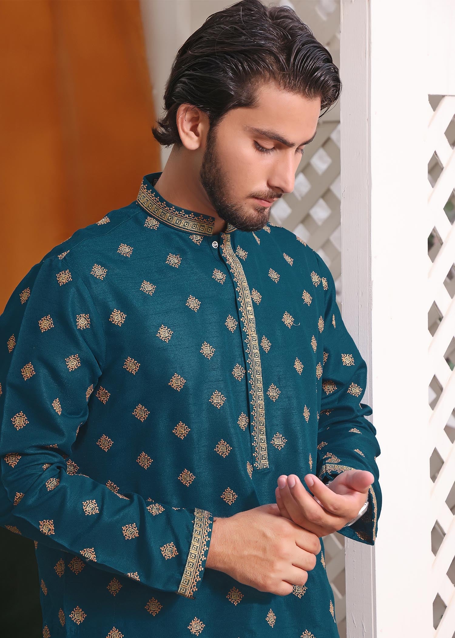 raw silk Kurta Set in Dark cyan