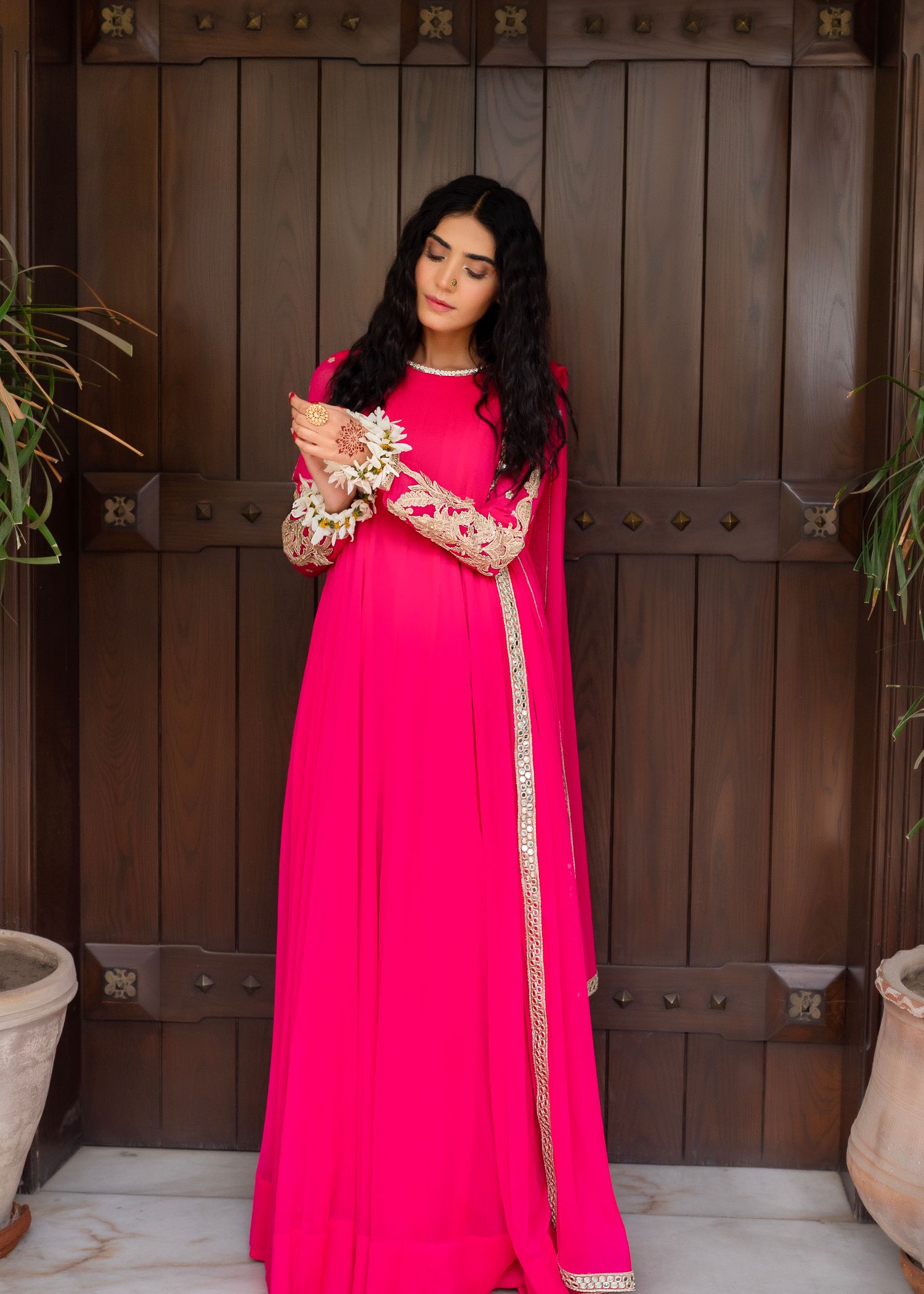 bemberg crinkle chiffon Maxi in Hot pink