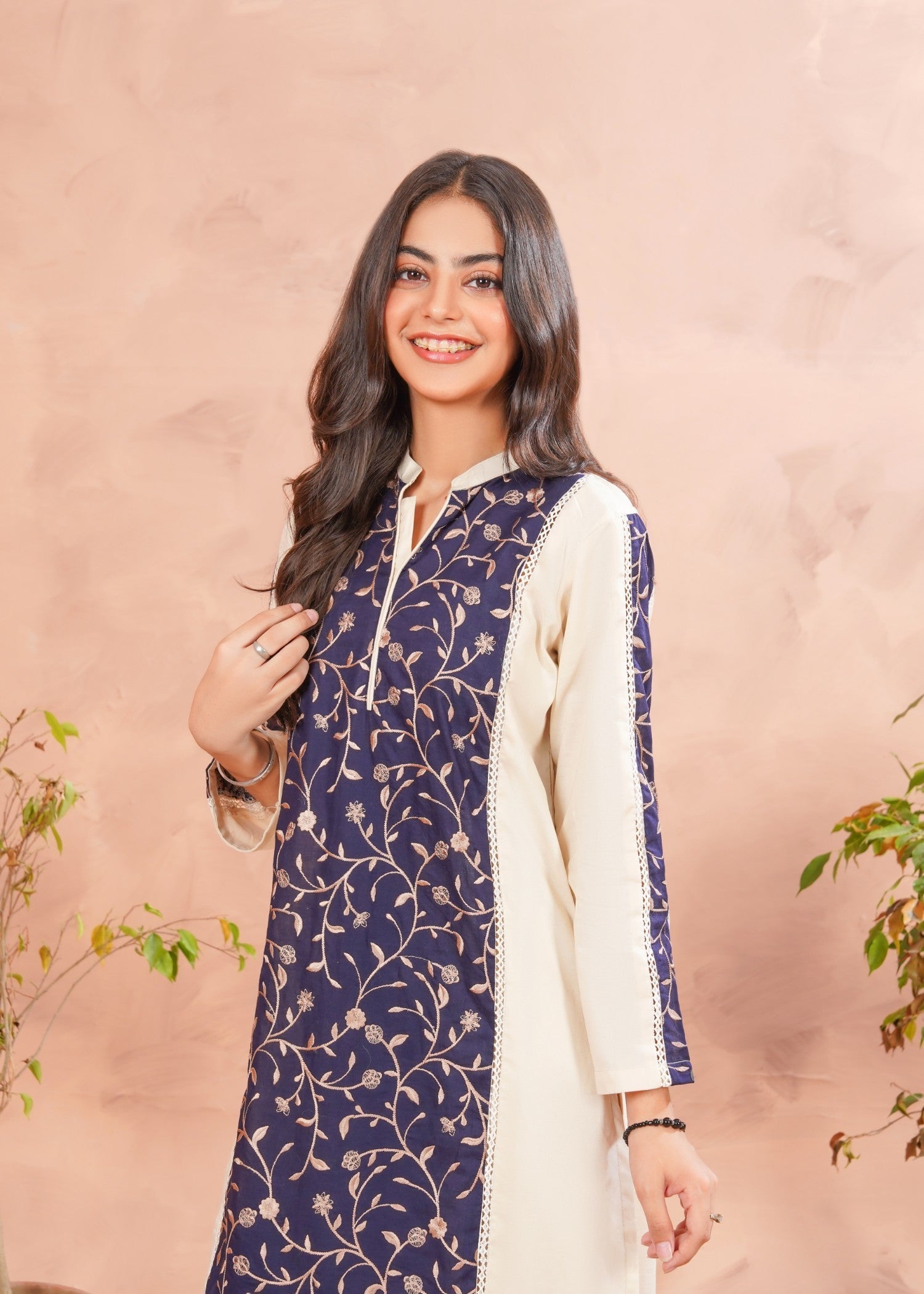 cotton Kurta Set in Wheat, navy blue