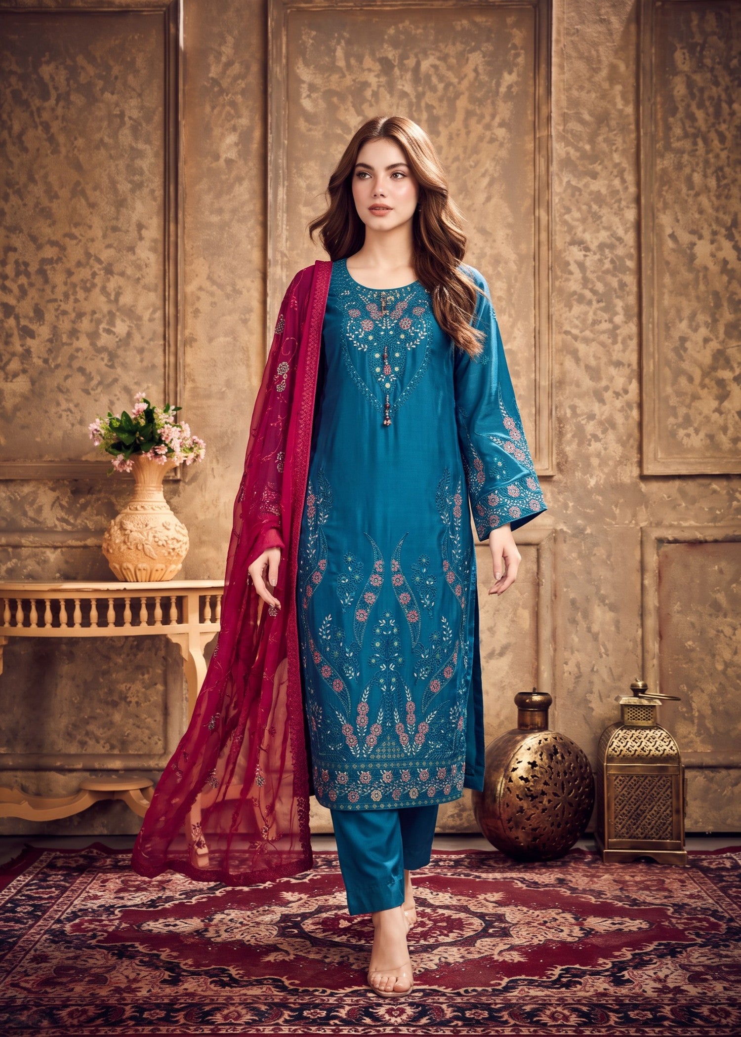 silk Kurta Set in Teal