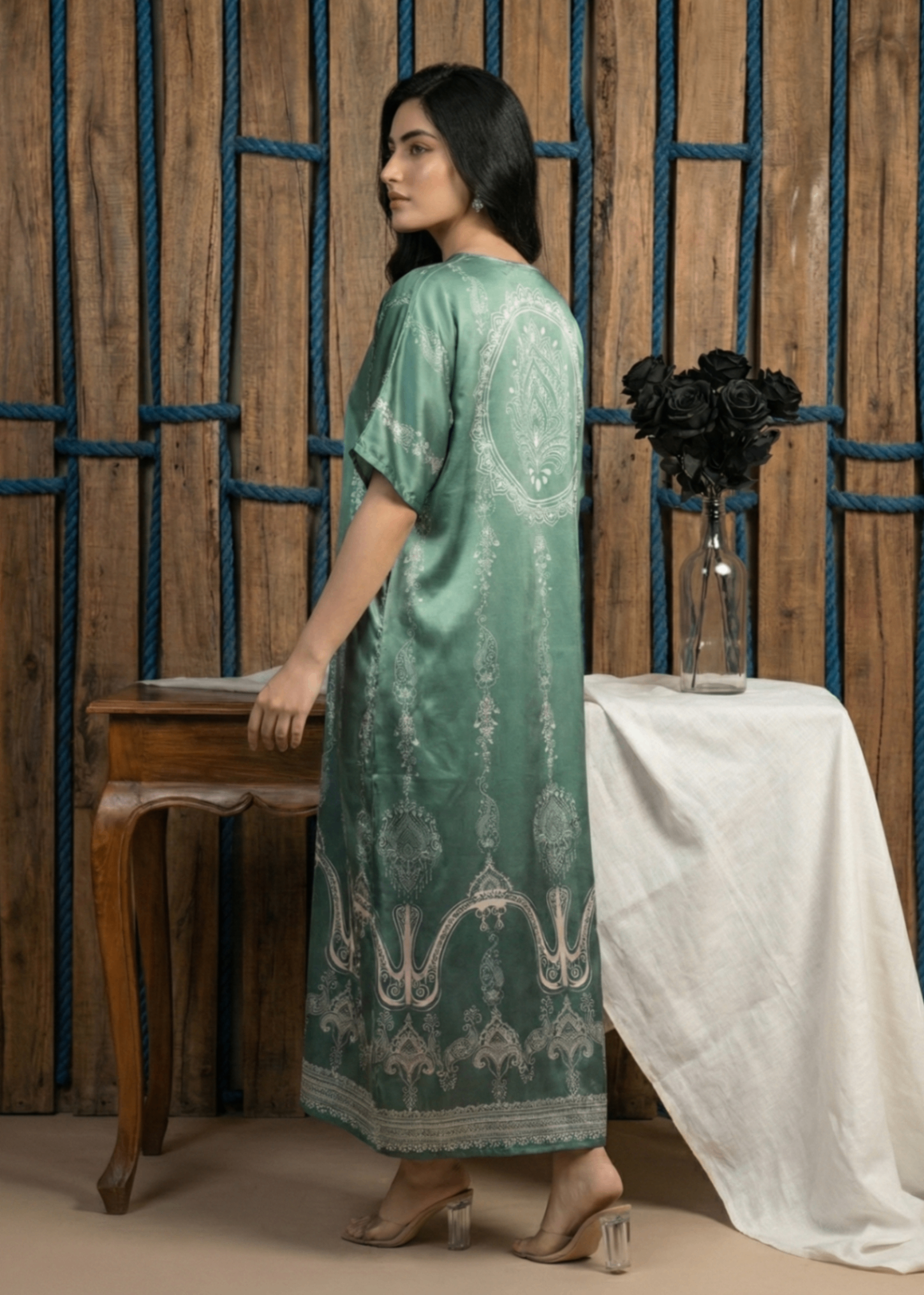 silk charmeuse Kaftan in Mint green