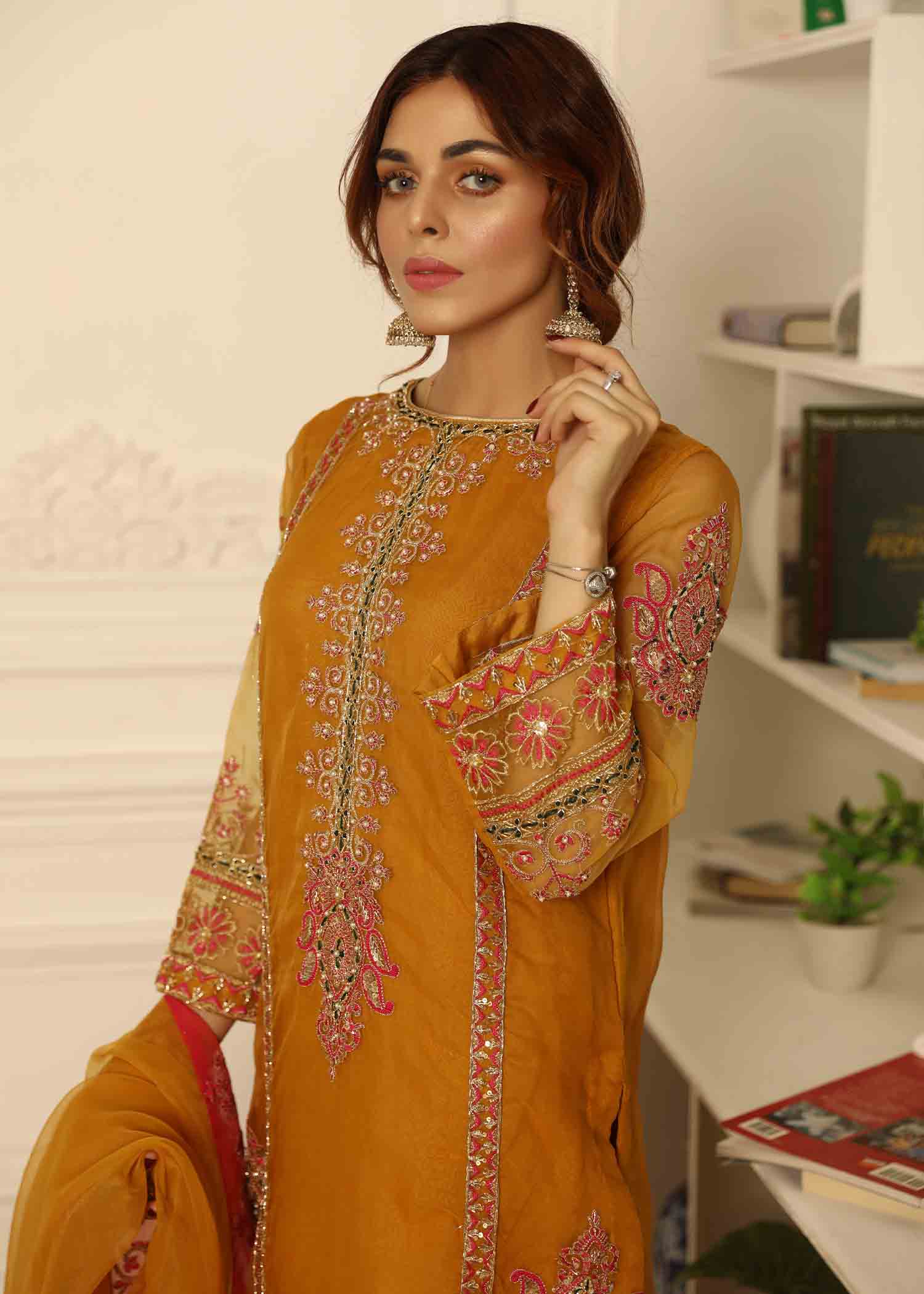 organza Unstitched in Mustard