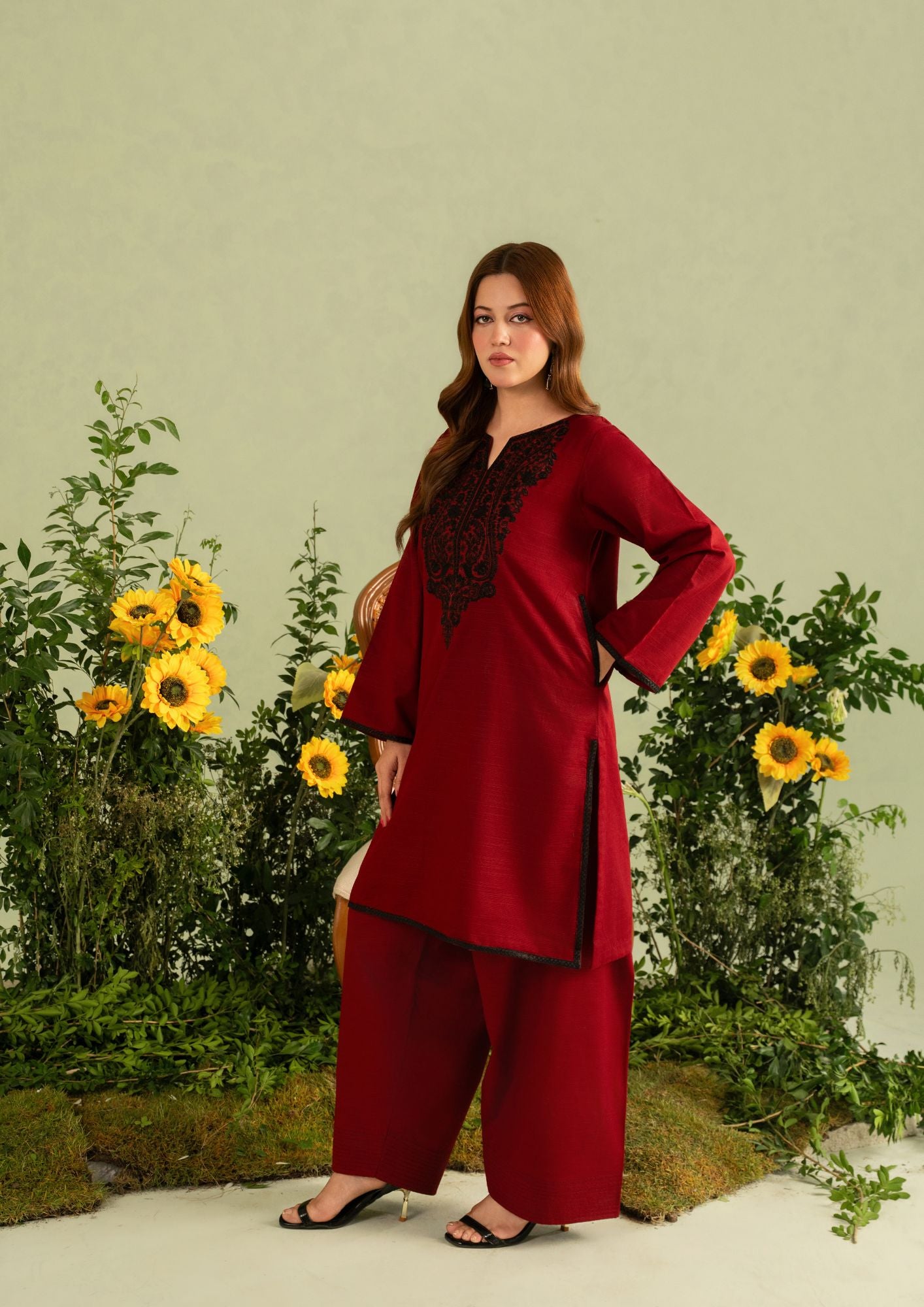 slub khaddar Kurta Set in Maroon
