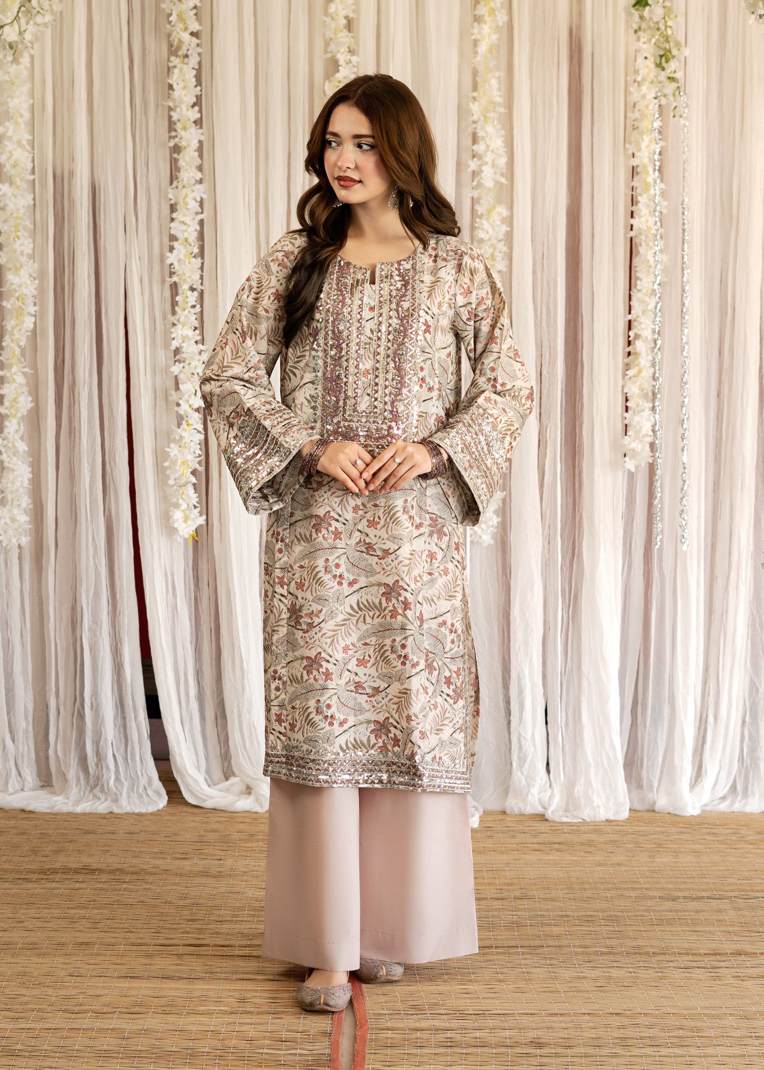lawn Kurta Set in Peach pink, antique white