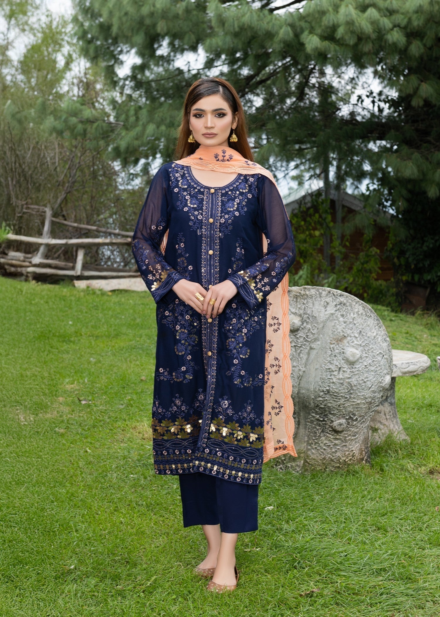 chiffon Kurta Set in Midnight blue
