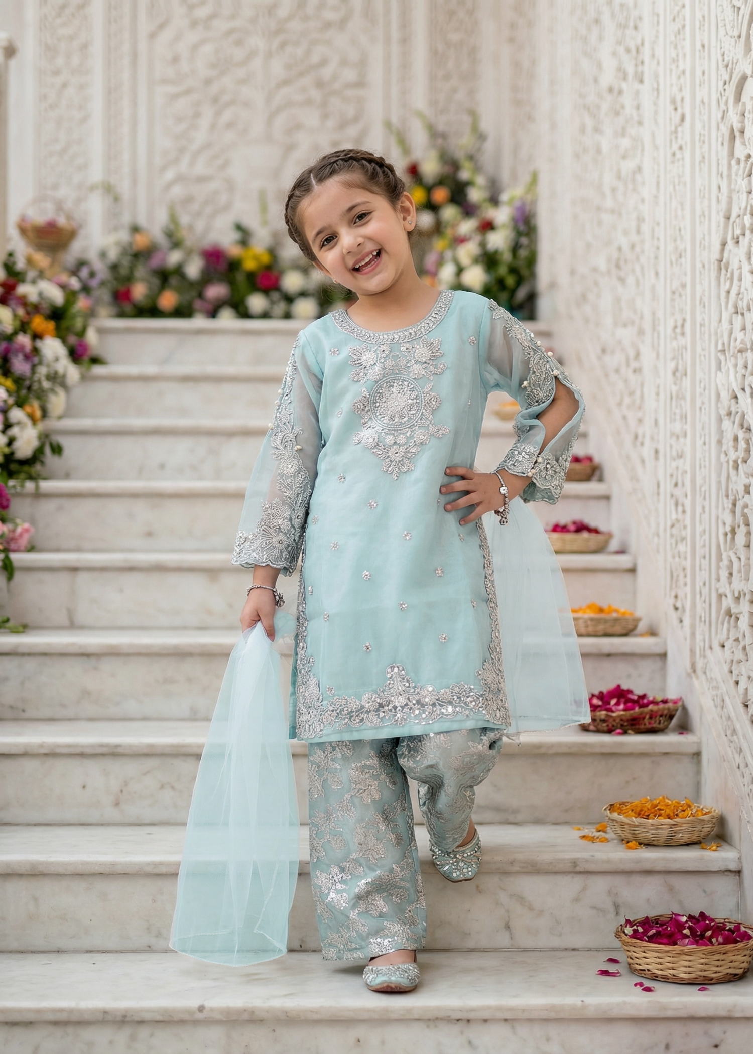organza Kurta Set in Ice blue