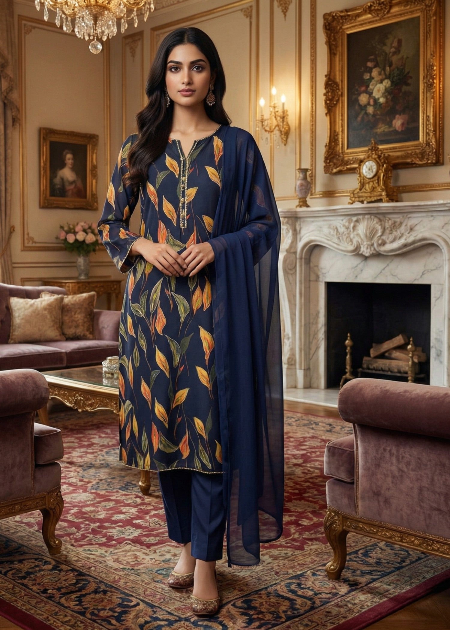 silk Kurta Set in Navy blue