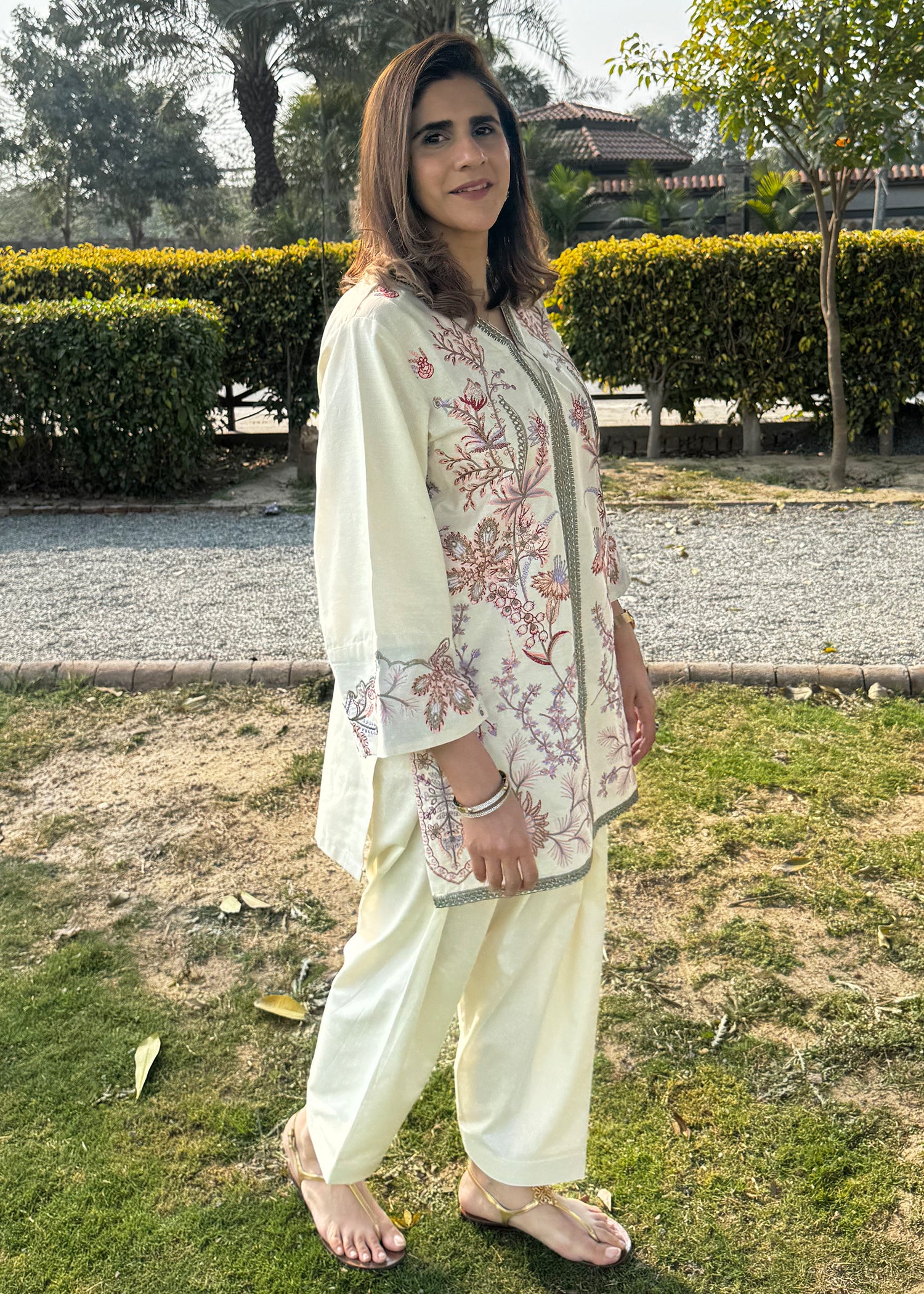 cotton karandi Kurta Set in Off-white