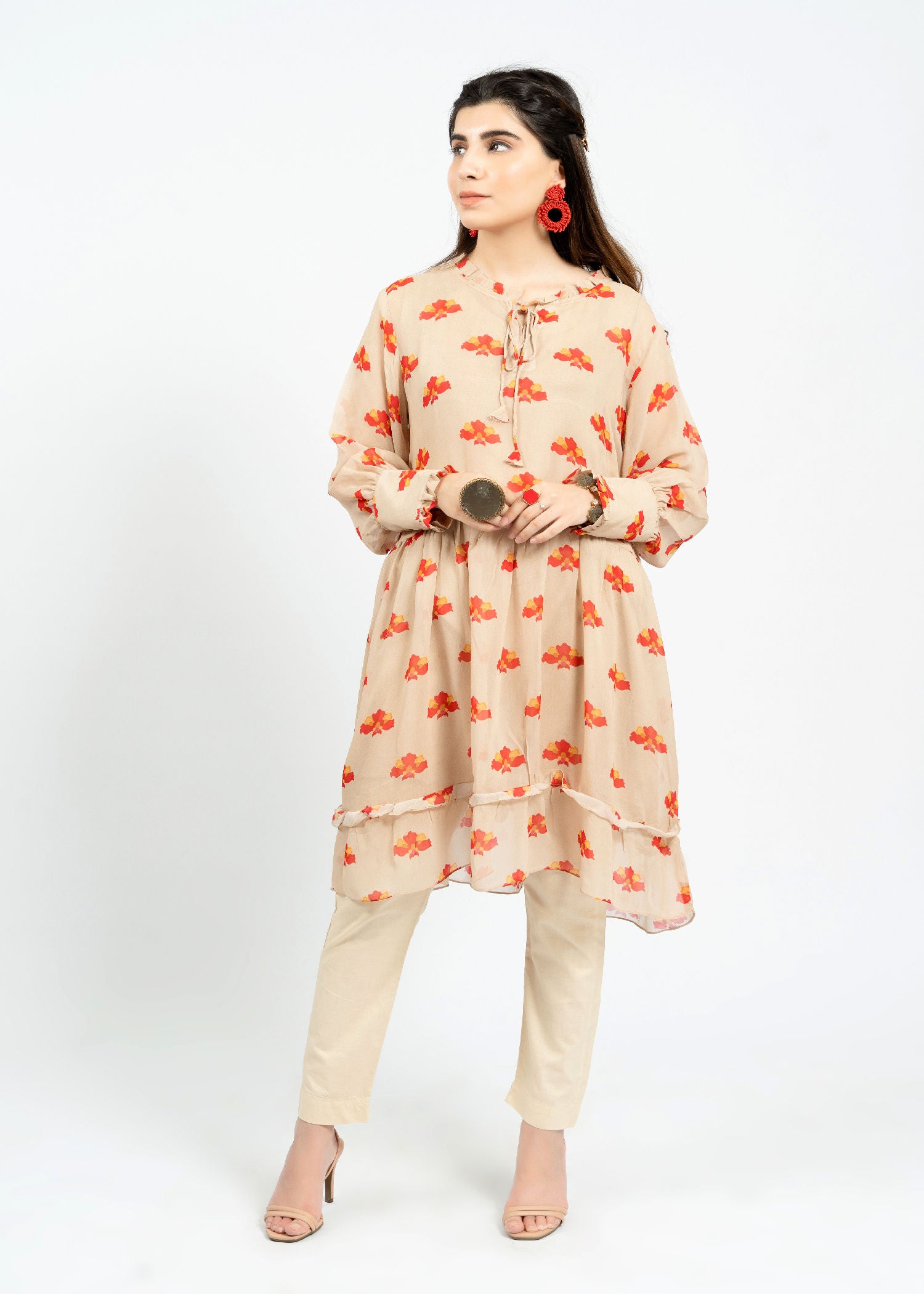 chiffon Short Frock in Beige