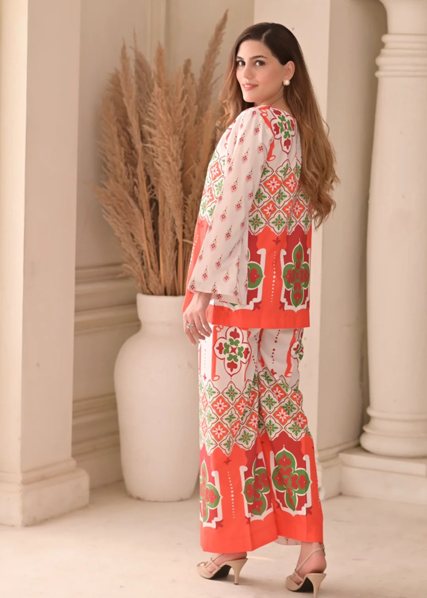 crepe Co ord Sets in Coral orange