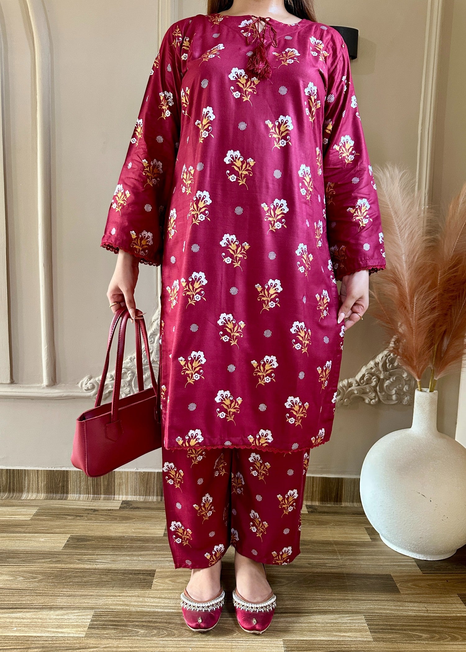 arabic lawn Co Ord Sets in Maroon