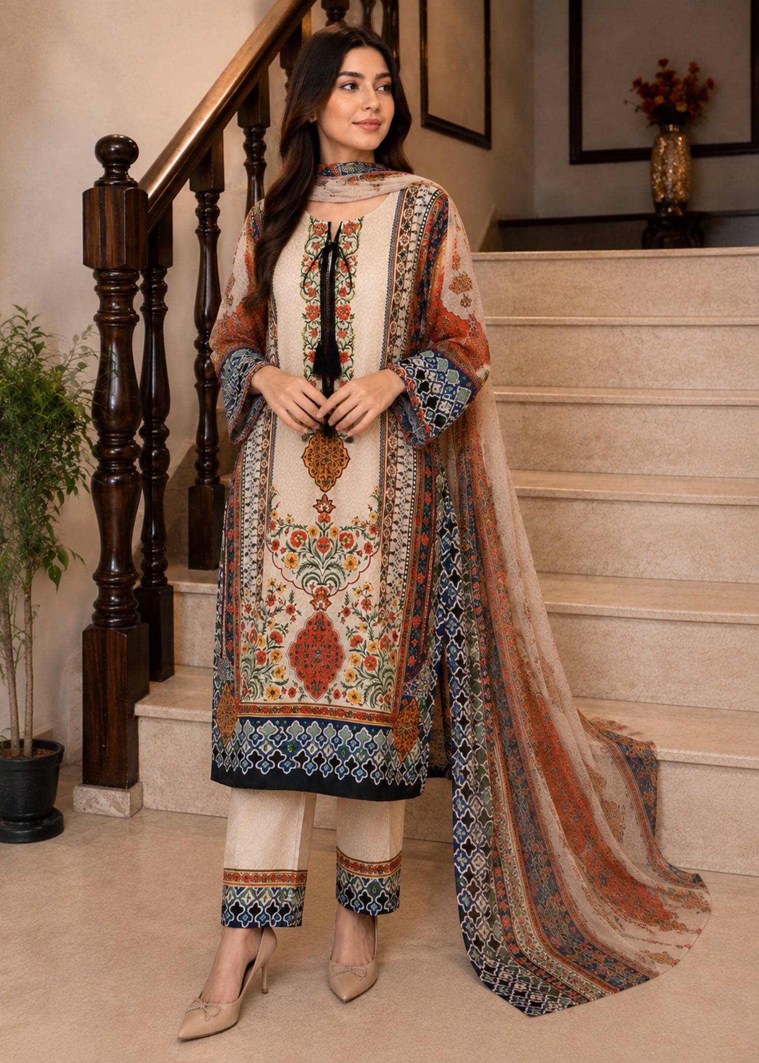 silk finish lawn Kurta Set in Multi, eggshell
