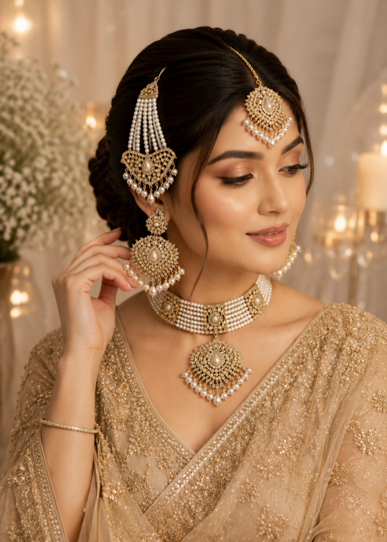 Jewelry Set in Pearl white, gold Color by - Trendy Women Jewelry Set HXN5782