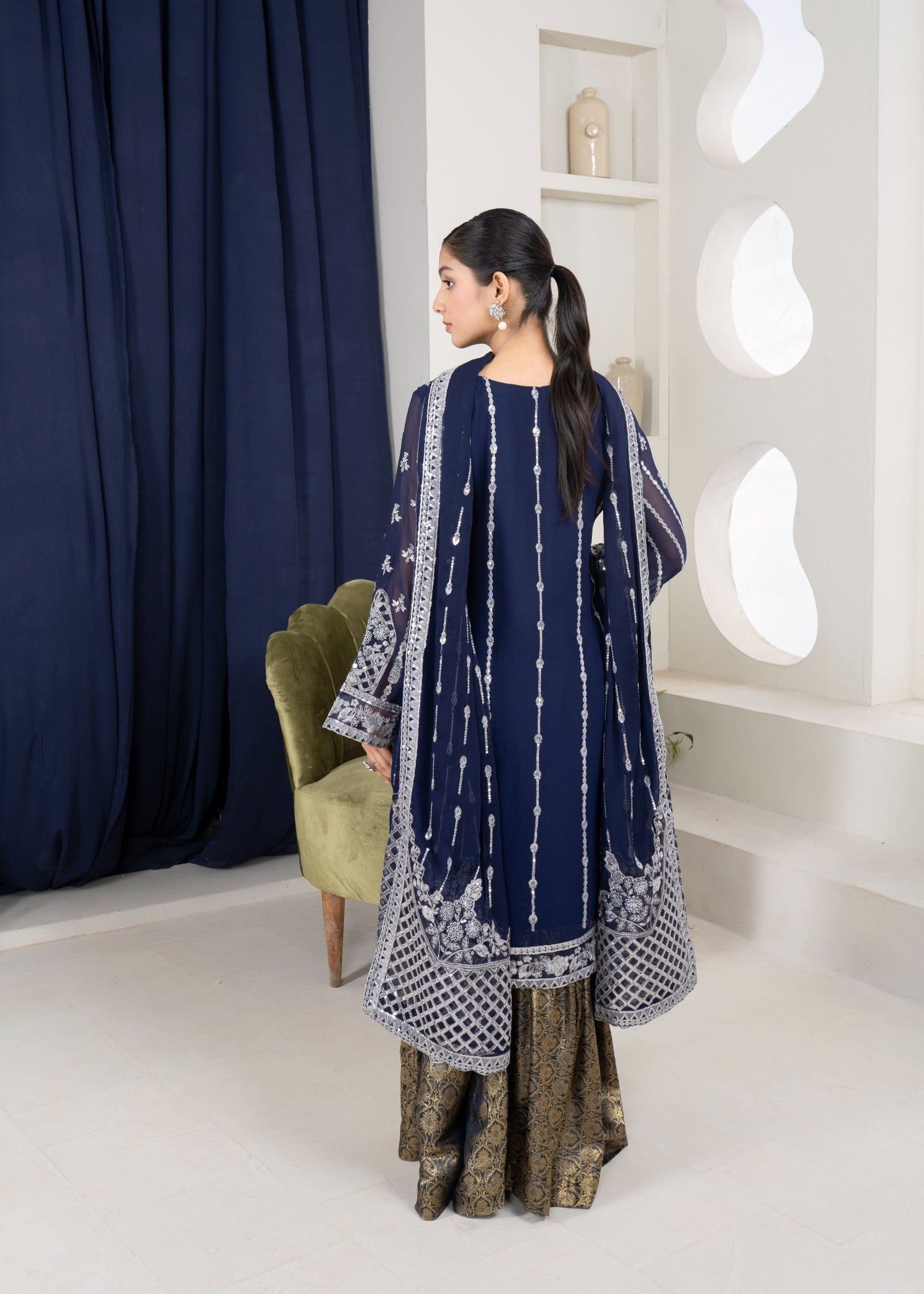 chiffon Gharara in Navy blue