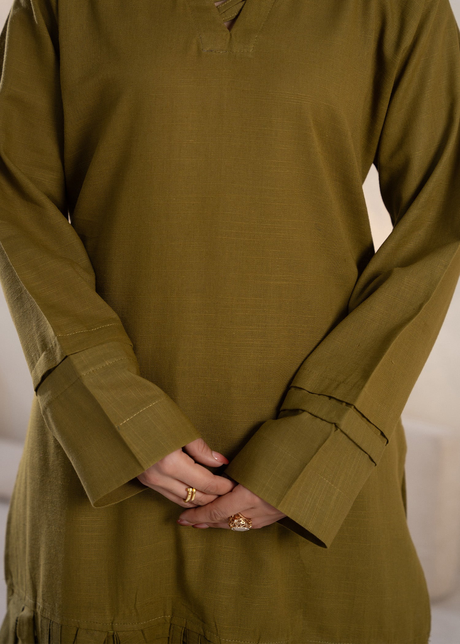 slub khaddar Kurta Set in Olive green