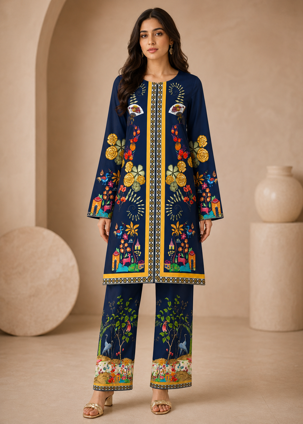 lawn Unstitched in Navy blue, yellow