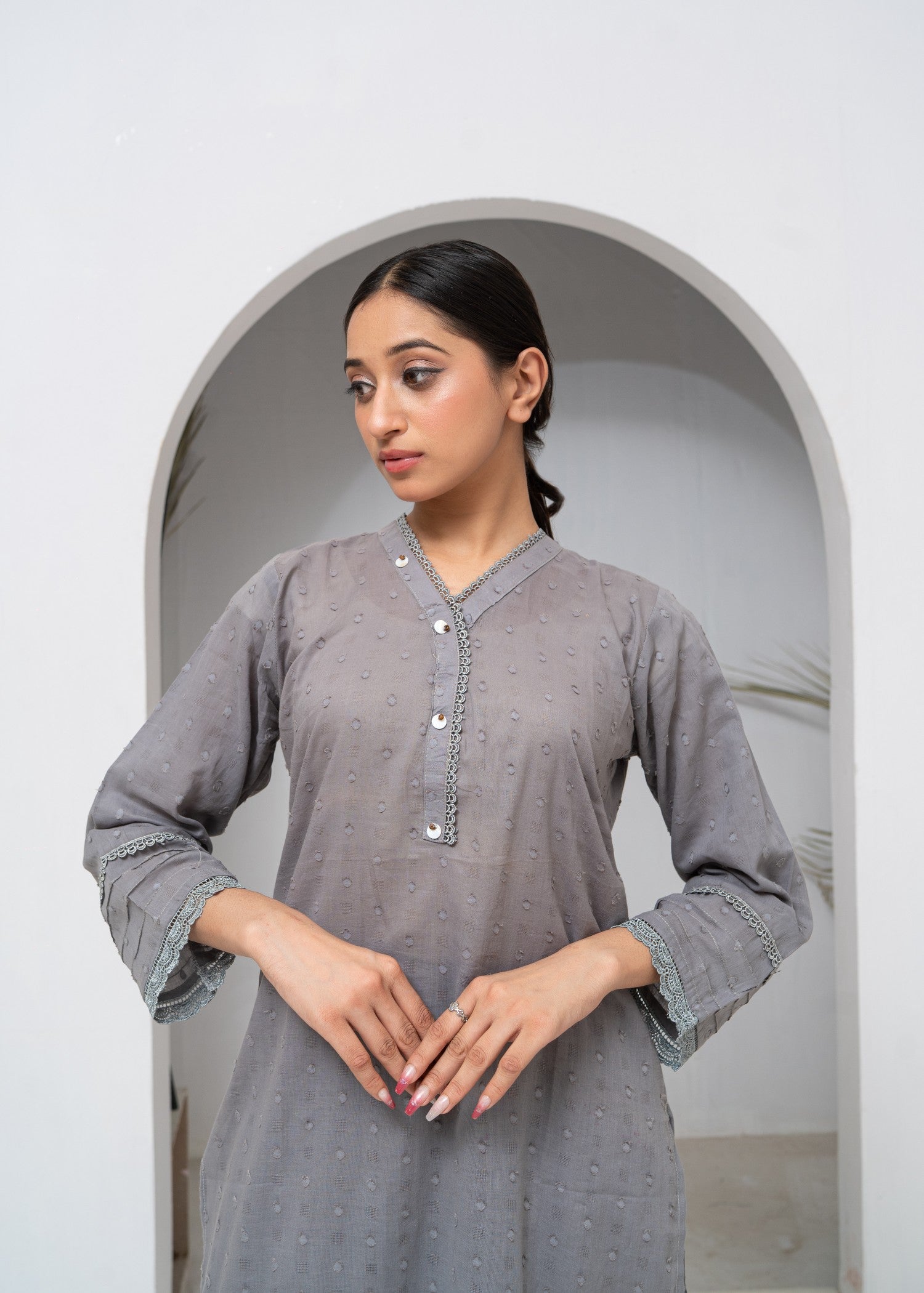cotton Kurta Set in Pastel grey